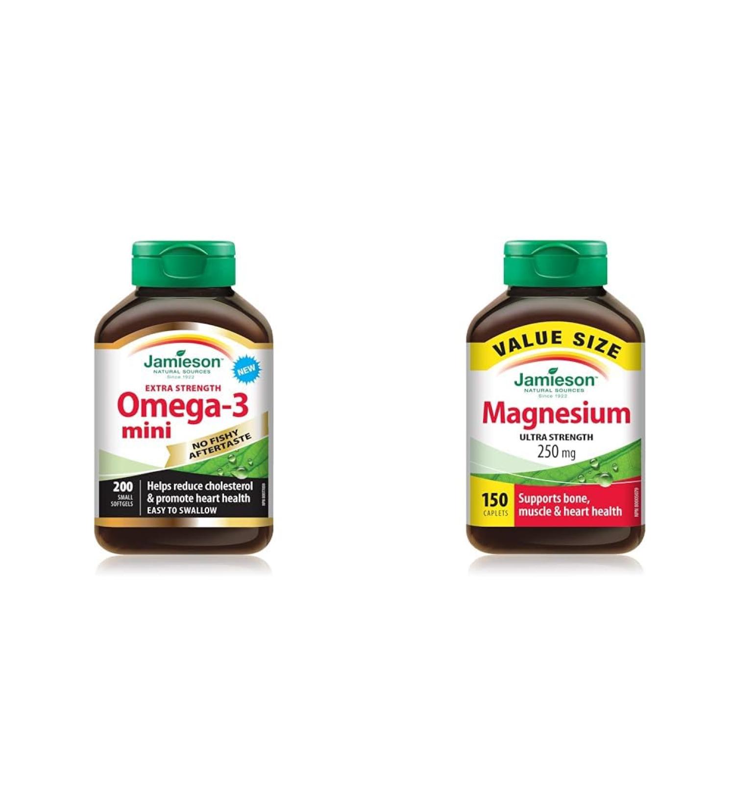 Jamieson No Fishy Aftertaste Extra Strength Omega-3 Mini 200 Count & Magnesium 250 mg Ultra Strength - Value Size Omega-3 Mini + Magnesium 250 mg - Buy Online on SooperMarket.com