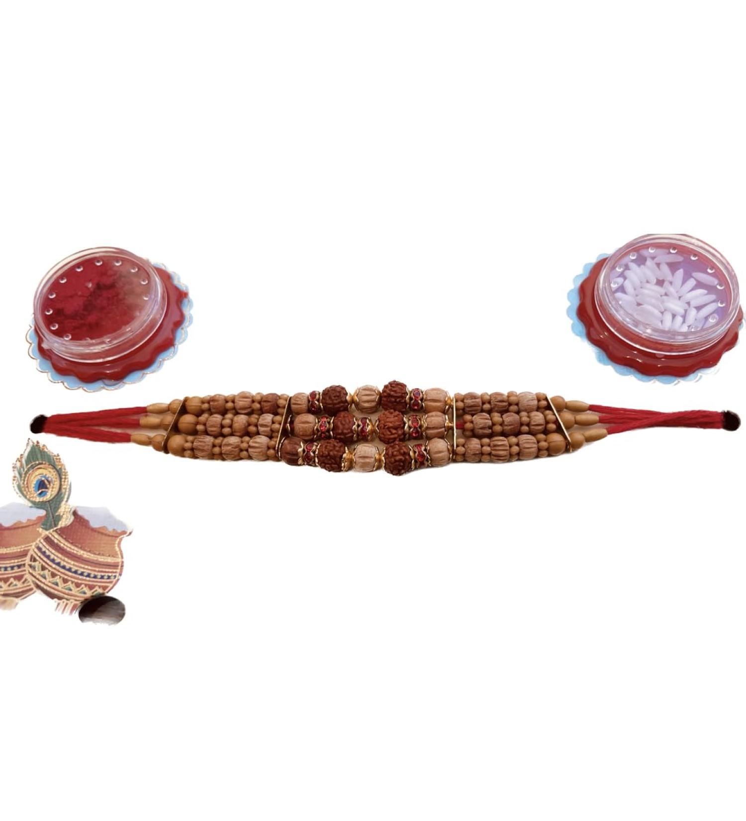Raksha Bandhan Special - Handcrafted Fancy Rakhi with Complimentary Kum Kum Powder and Rice Grains Rudraksh Multi Thread