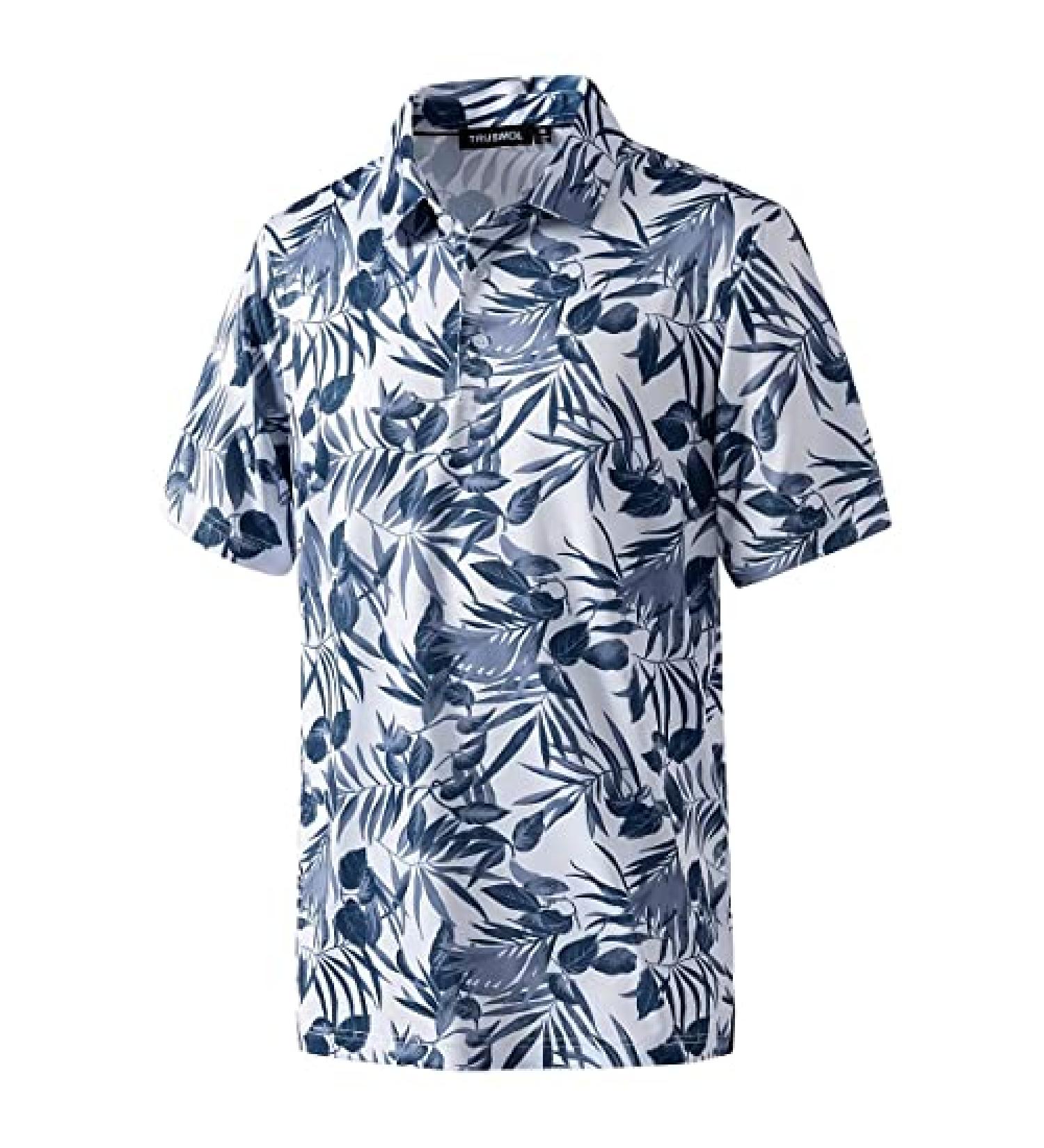 Men's Navy Leaf Print Golf Polo Shirt - Moisture Wicking Dry Fit Performance - Buy Online on SooperMarket.com
