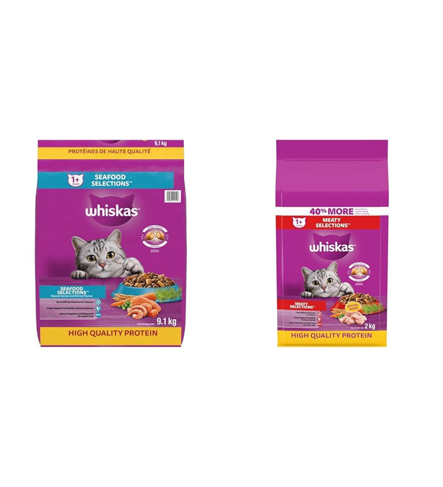 WHISKAS Seafood Selections Adult Dry Cat Food with Real Salmon 9.1kg Bag & Meaty Selections Adult Dry Cat Food with Real Chicken 2kg bag - Buy Online on SooperMarket.com