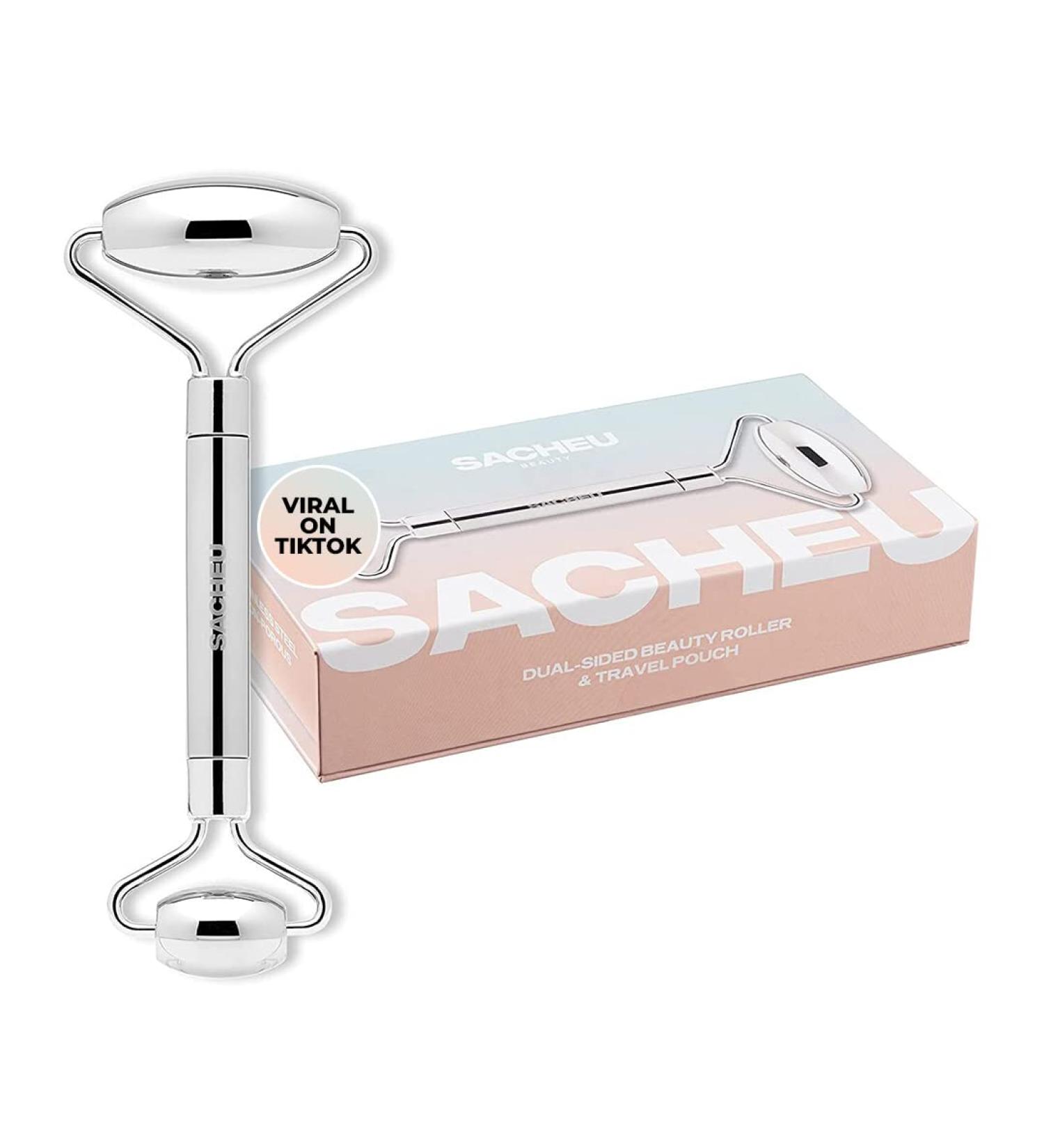 SACHEU Stainless Steel Facial Roller - Reduce Puffiness, Inflammation & Boost Circulation - Dual Sided Metal Face Roller for Cooling Massage - Includes Travel Pouch - Buy Online on SooperMarket.com