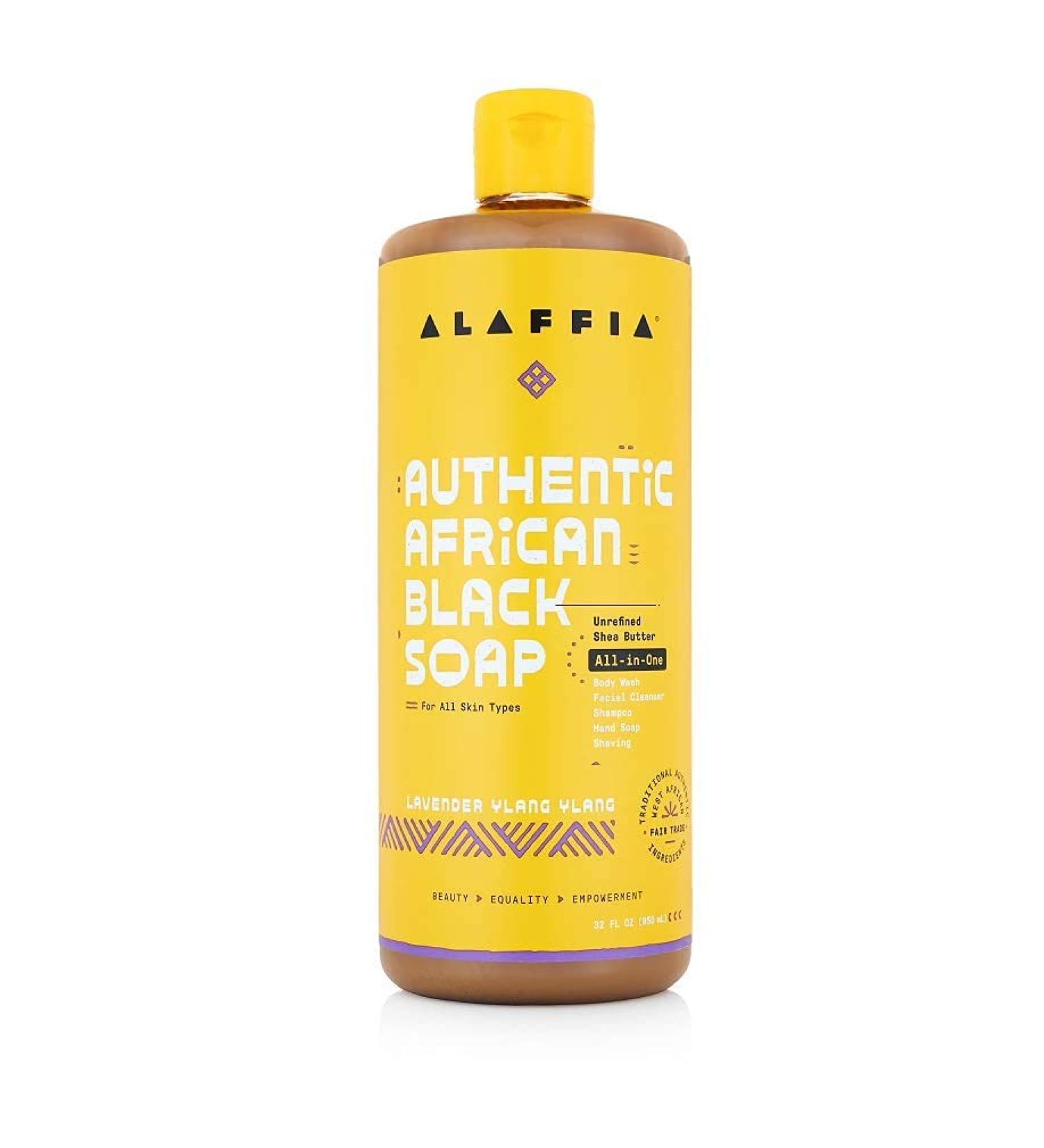 Alaffia Authentic African Black Soap - 4-in-1 Body Wash, Face Wash, Shampoo & Shaving Soap with Fair Trade Shea Butter, Lavender & Ylang Ylang - 32 Fl Oz - Buy Online on SooperMarket.com