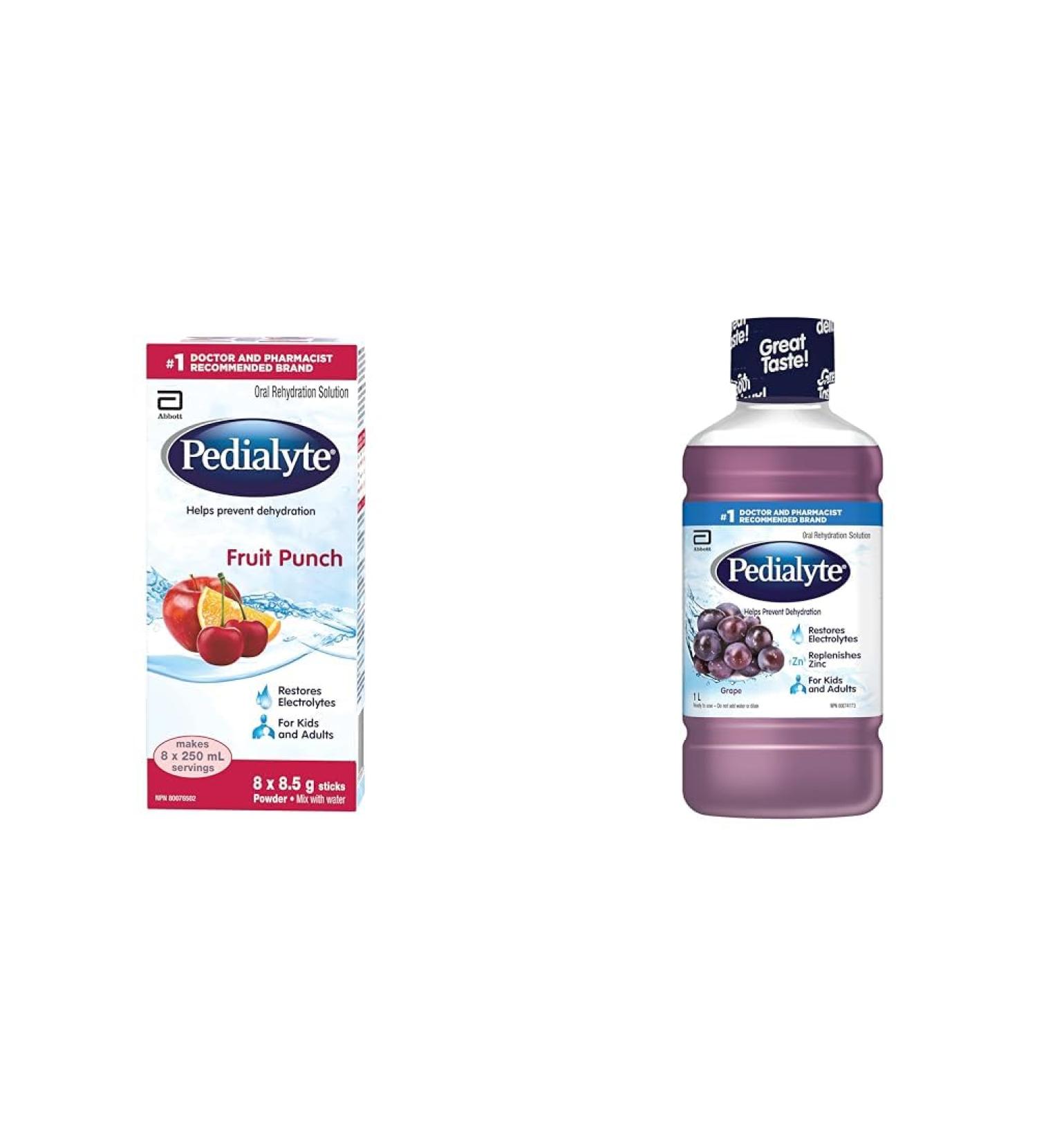 Pedialyte Electrolyte Powder Sticks Oral Rehydration Solution Fruit Punch 8 x 8.5 g Electrolyte Powder Packets & Electrolyte Oral Rehydration Solution Grape 1-L Bottle Drink Flavored + Grape Flavor Fruit Punch 8 Count (Pack of 1) - Buy Online on SooperMarket.com