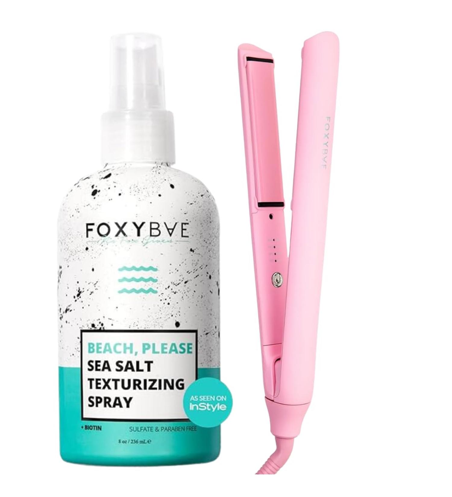 FoxyBae Sea Salt Spray & Flat Iron Bundle - Biotin-Infused Texturizing Spray & 1" Sleek & Slay Ceramic Hair Straightener for Voluminous Frizz-Free Shiny Hair Party Pink  - Buy Online on SooperMarket.com