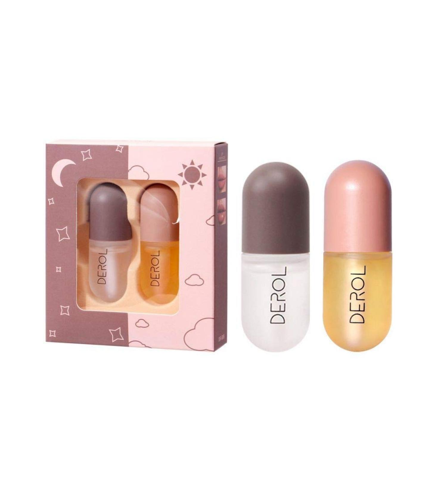 Derol Lip Plumper Gloss Set | Natural Lip Care Serum for Plumping, Moisturizing, and Reducing Fine Lines | Day & Night Beauty Lips 2 Packs - Buy Online on SooperMarket.com