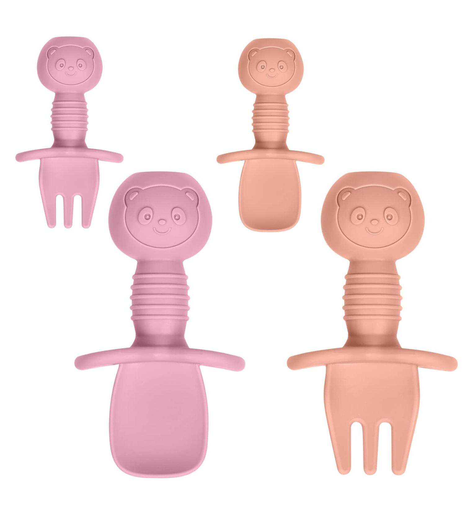 Vicloon Baby Fork and Spoon Set - 4Pcs Silicone Self Feeding Utensil for Infant Toddler, Easy Grip Cutlery Kit for Children - Red/Orange - Buy Online on SooperMarket.com