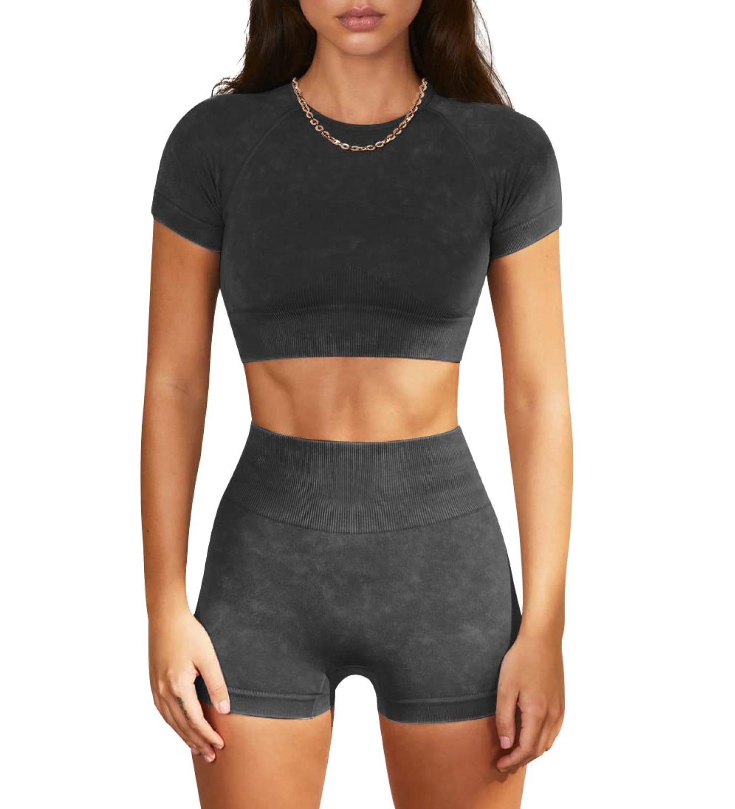 OLCHEE Womens Workout Set 2 Piece - Seamless Acid Wash Yoga Outfits Crop Top & Shorts Matching Gym Athletic Clothing Set - Black Medium - Buy Online on SooperMarket.com