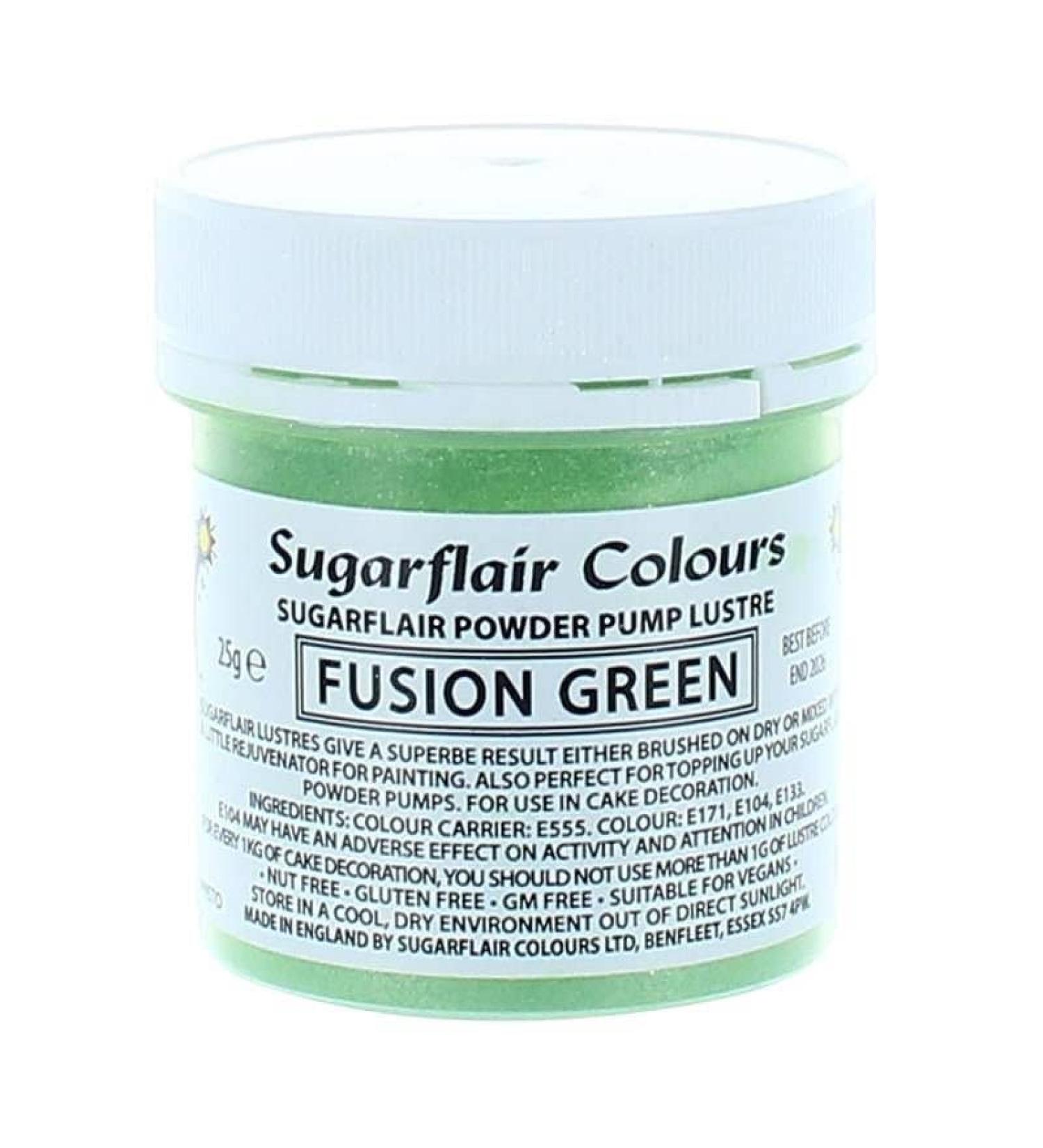 Sugarflair Colours Edible Power Pump Lustre - Fusion Green - Food Colouring Powder Edible Colour Dust Brush On Spray or Add Rejuvenator to Create Eye-Catching Paint Effect - 25g