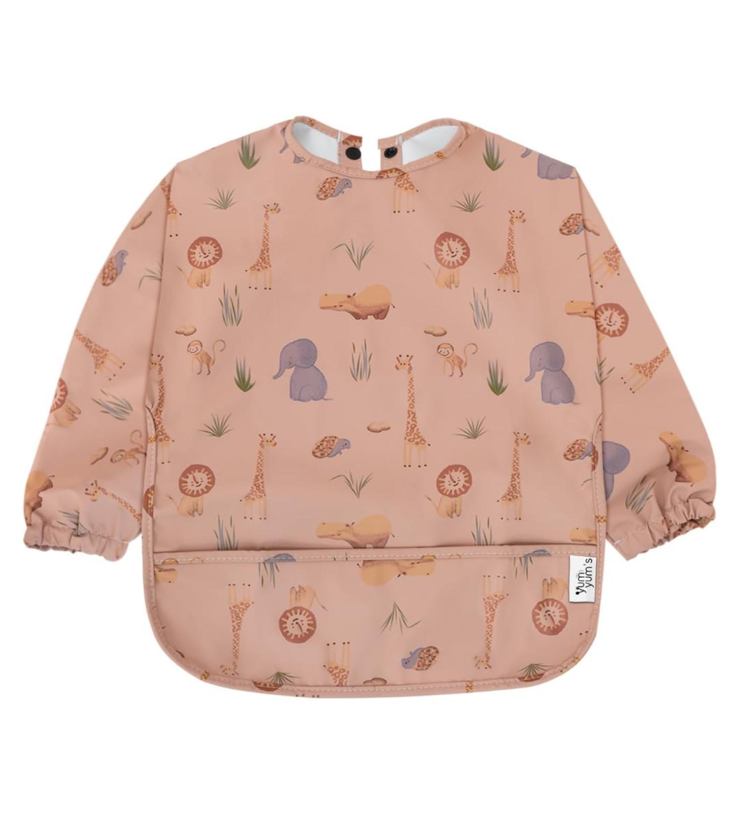 Yum Yum's Silicone Baby Bibs | Waterproof Long Sleeve Weaning Bib for Babies 6-12 Months - Toddler Apron in Pink Safari Print - Buy Online on SooperMarket.com