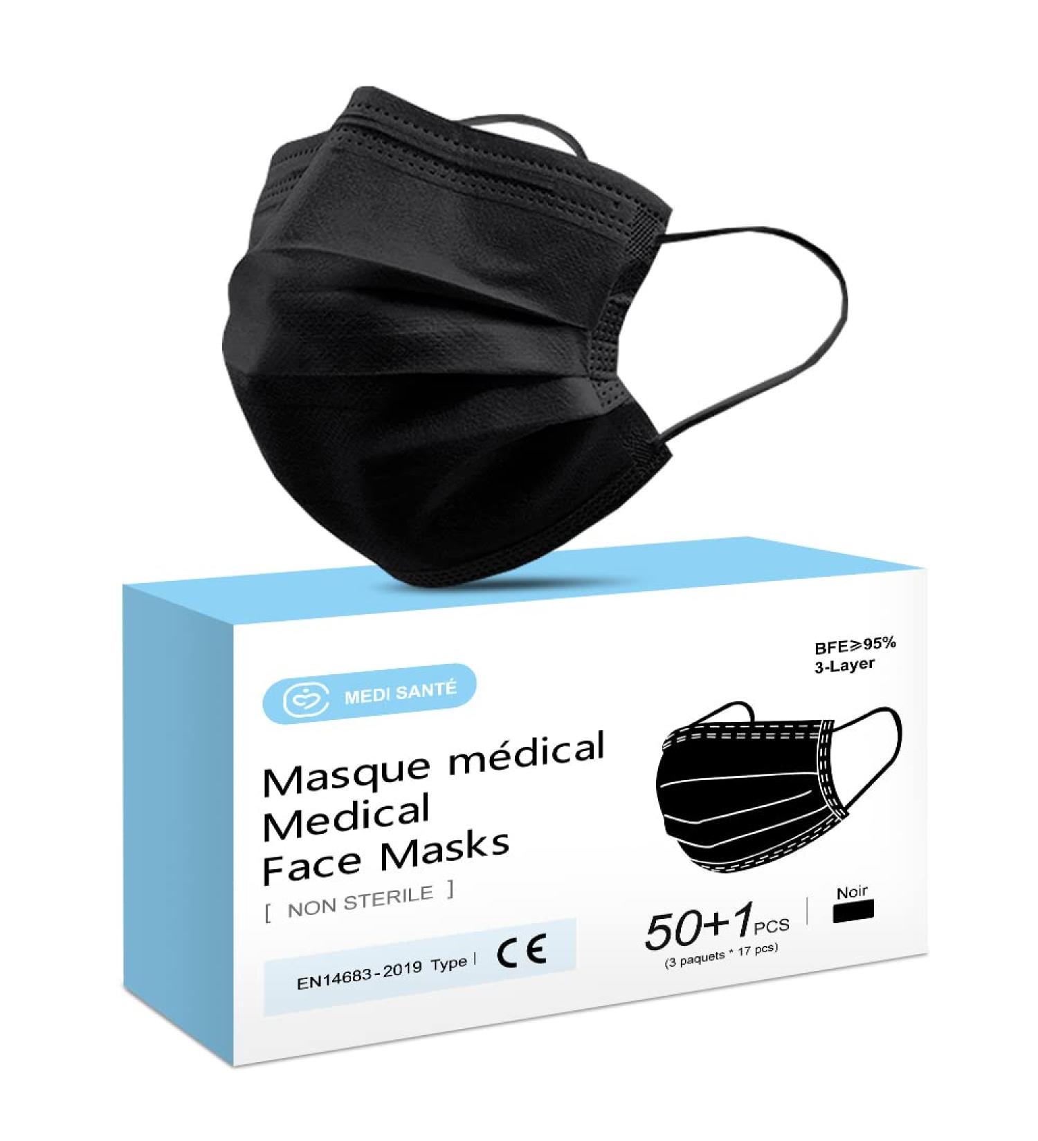 MEDI SANT 50+1 Black Disposable Surgical Masks - EN14683 Type I BFE 95% 3-Ply Protective Face Masks for International Shipping - Buy Online on SooperMarket.com