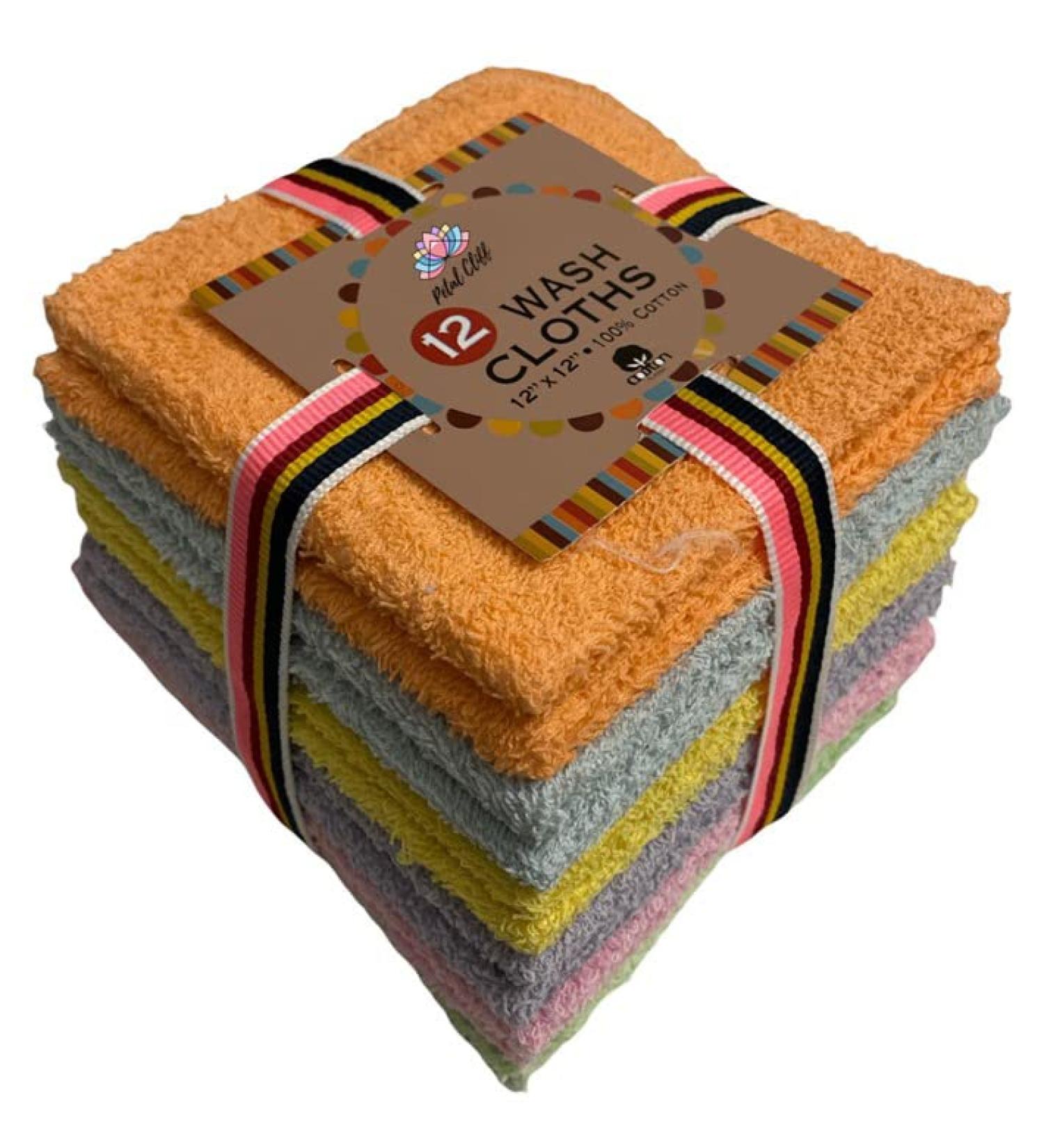 Petal Cliff 12 Pack 100% Cotton Wash Cloth Set - Extra Soft & Absorbent - 12x12 Size - Machine Washable - Assorted Colors - Buy Online on SooperMarket.com