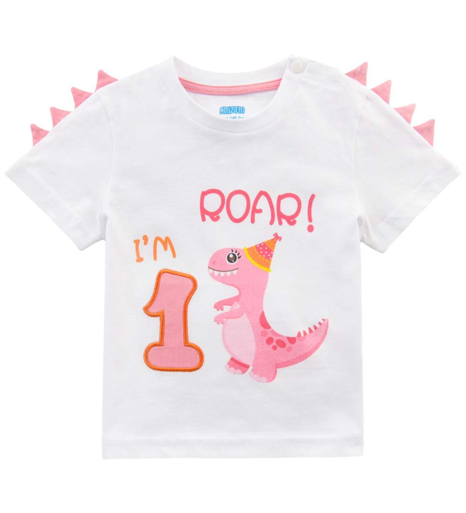 1st Birthday Girl Dinosaur Party T-Shirt | Baby B-Day Themed Tee | Gift for 1 Year Old - White - Buy Online on SooperMarket.com