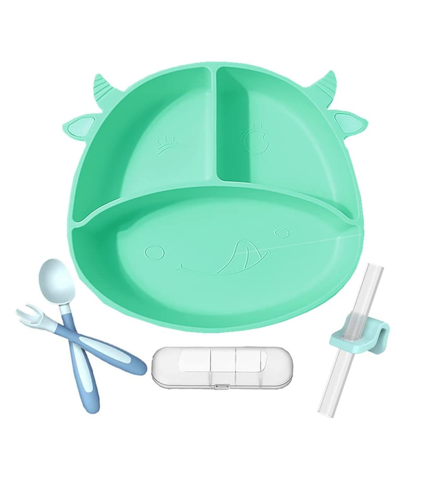Non-Slip Silicone Baby Suction Plate Set with Divided Placemat - Green | Includes Bendable Fork & Spoon | Toddler Feeding Plate for Self Feeding Training - Buy Online on SooperMarket.com