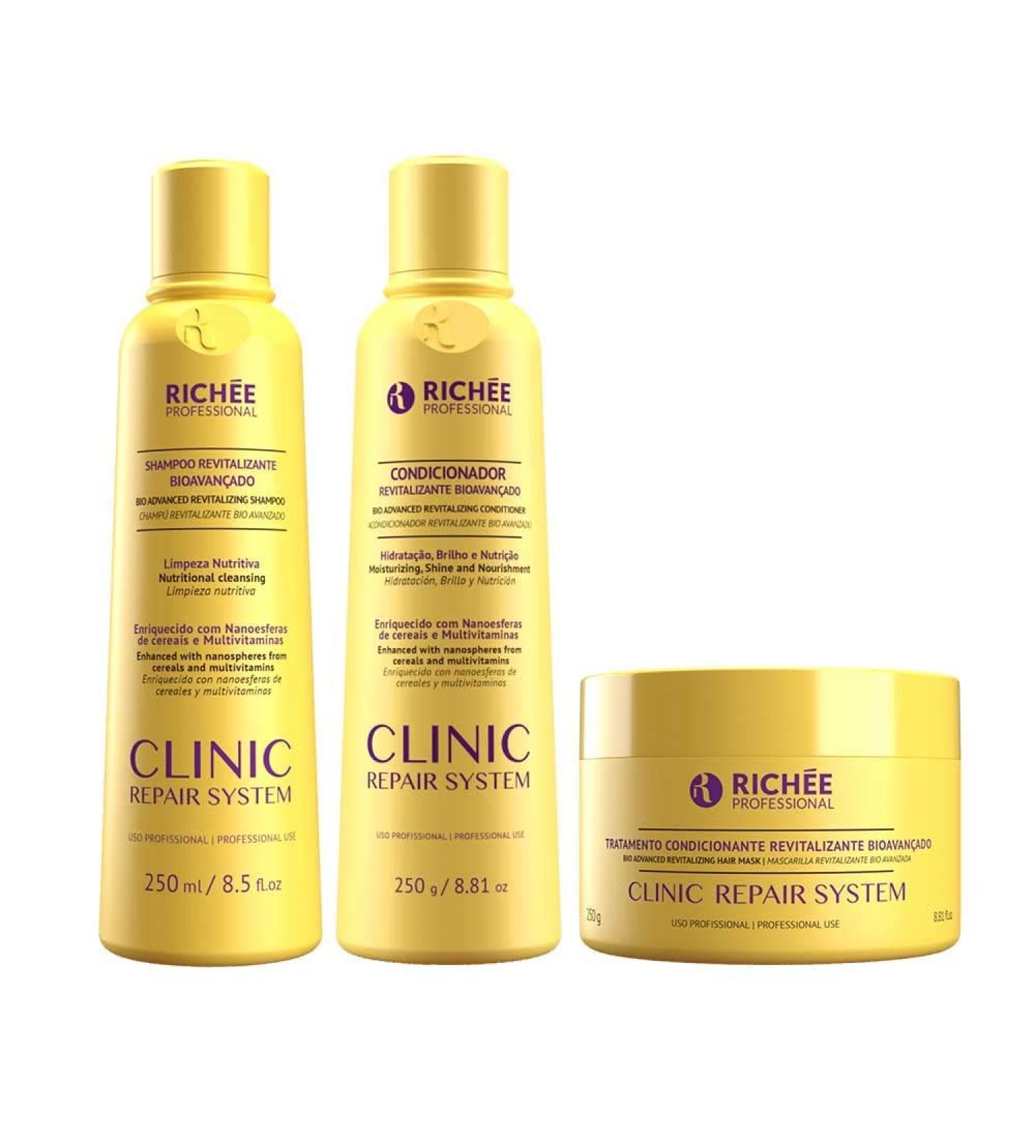 Rich e Professional | Clinic Repair System Kit | Shampoo + Conditioner + Mask | (2x) 250 ml / 8.4 fl.oz. (1x) 250 gr / 8.81 oz. Clinic System Kit
