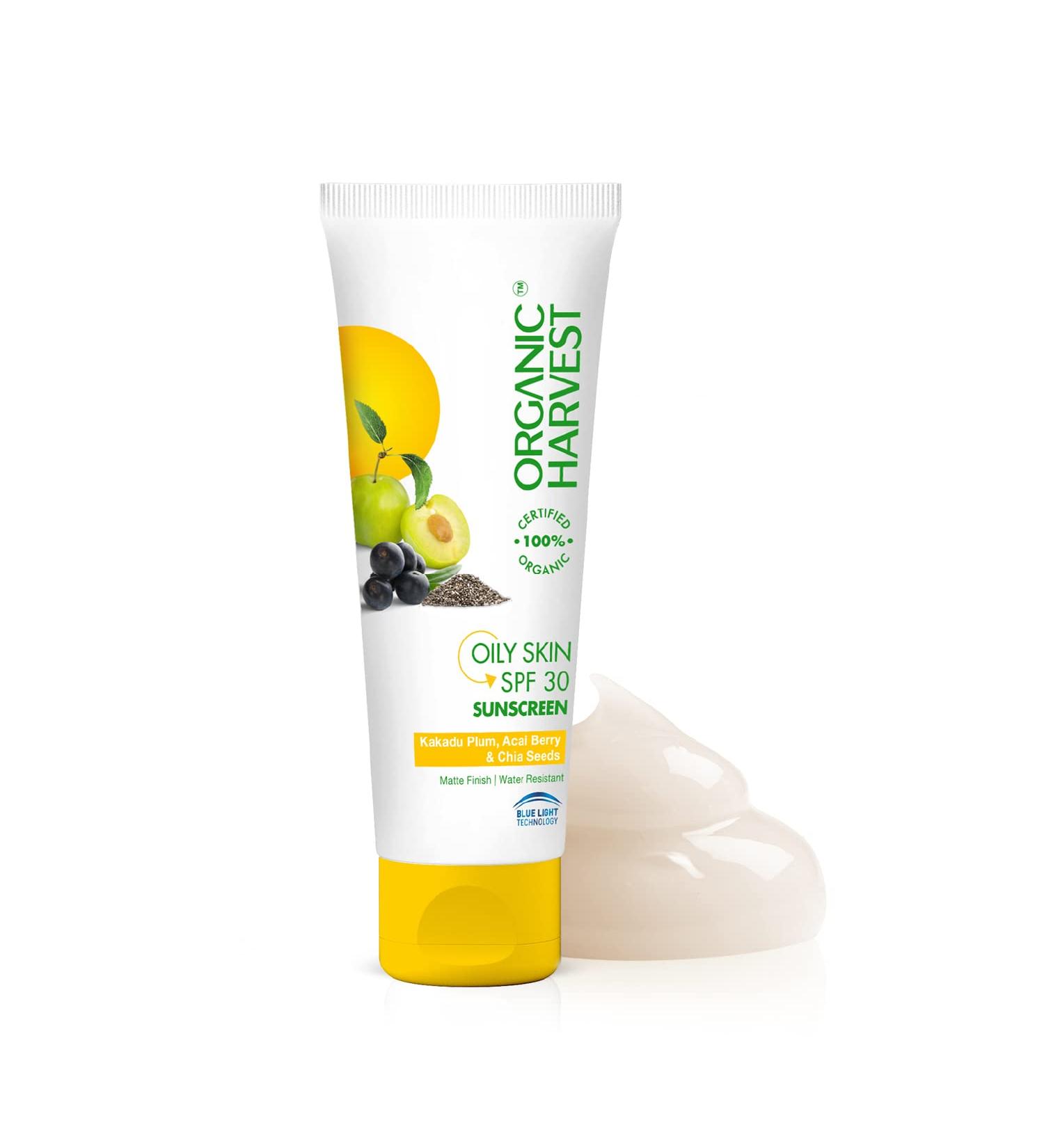 Organic Harvest Sunscreen SPF 30 with Blue Light Technology | UVA & UVB Protection | PA+++ | Hydrating & Nourishing | For Oily Skin | 100% Certified Organic | Sulphate & Paraben Free - 100gm - Buy Online on SooperMarket.com