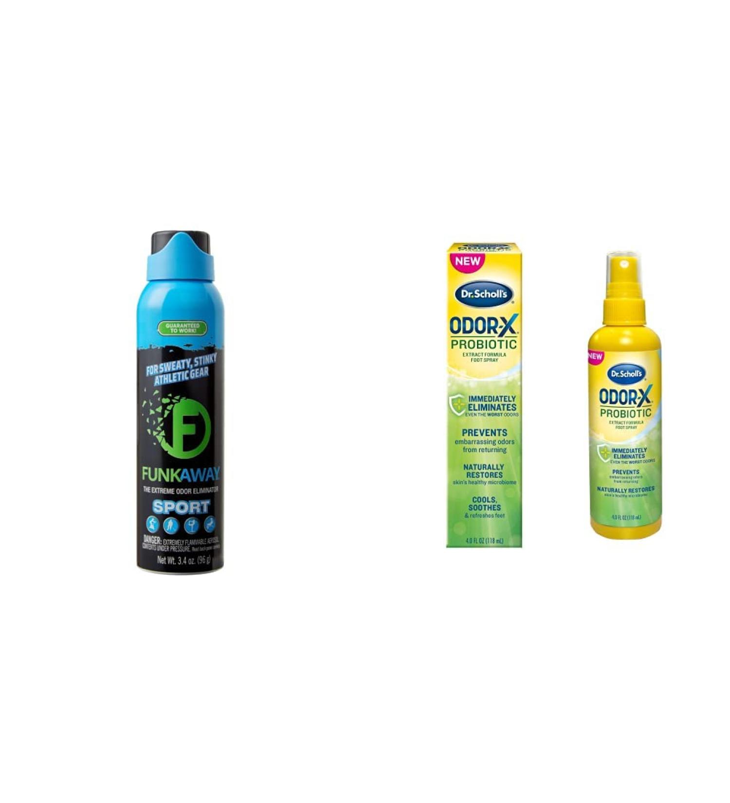 FunkAway Sport Aerosol Spray 3.4 oz & Dr. Scholl's Probiotic Foot Spray 4oz - Odor Eliminator for Shoes and Sports Gear - Buy Online on SooperMarket.com
