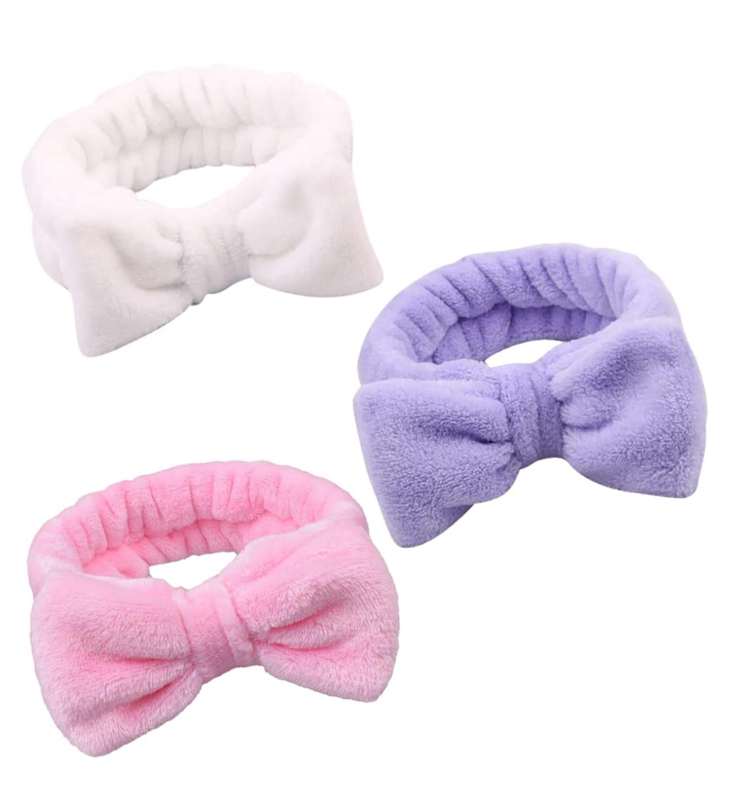 Bowknot Head Band Makeup Headband Elastic Bow Spa Head Bands Coral Fleece Headwrap for Washing Face Makeup Headband Purple