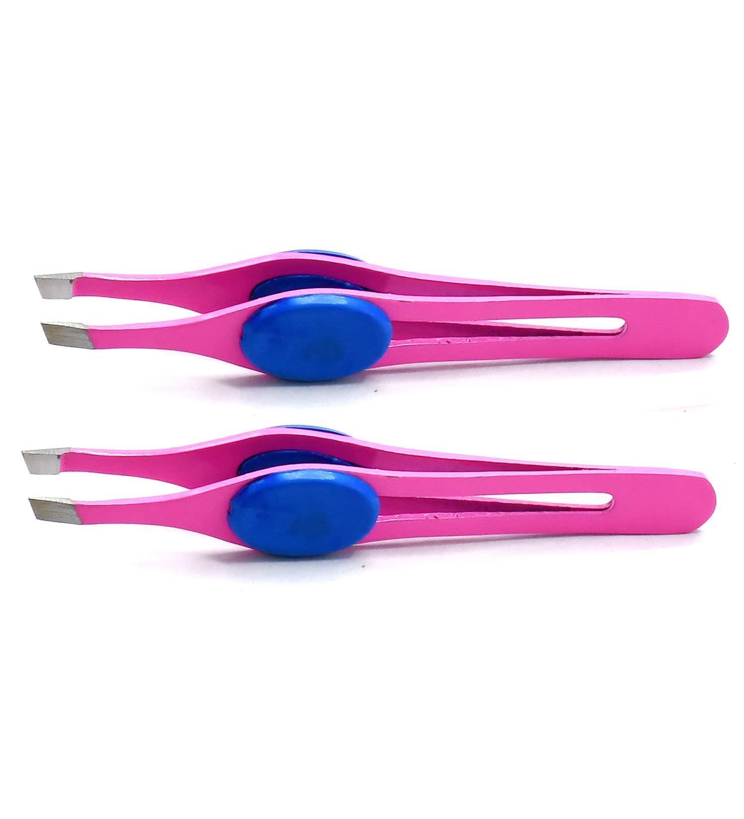 Slant Tip Tweezers Set - Stainless Steel Precision Tweezers for Ingrown Hair, Eyebrow Shaping, Blackhead Remover - Non-Slip Grip - 2 Pieces (Pink) - Buy Online on SooperMarket.com