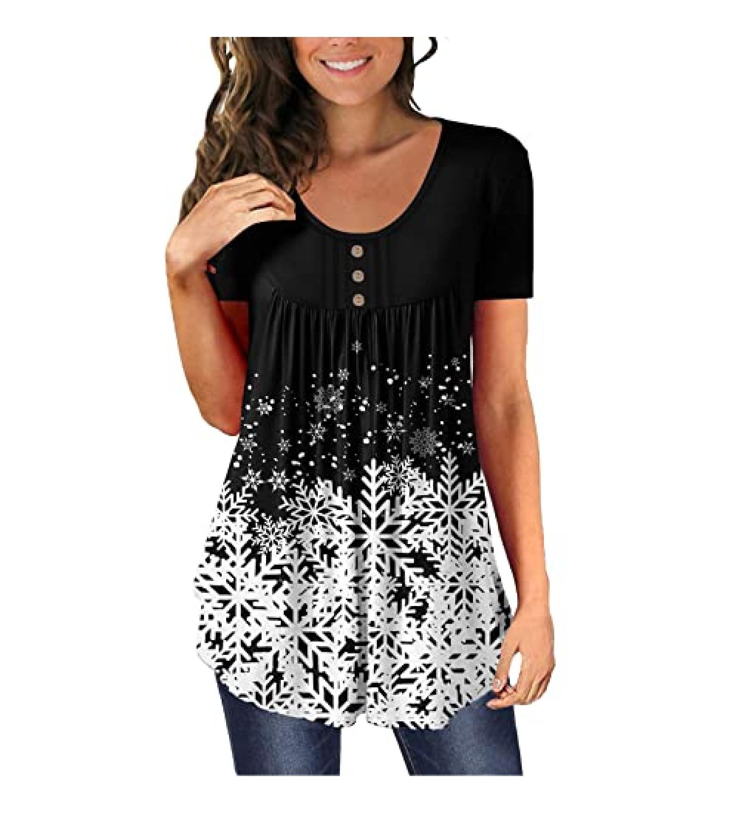 Womens Tunic Tops 2023 | Trendy Short Sleeve Button Down Shirt | Black-3 Medium - Buy Online on SooperMarket.com