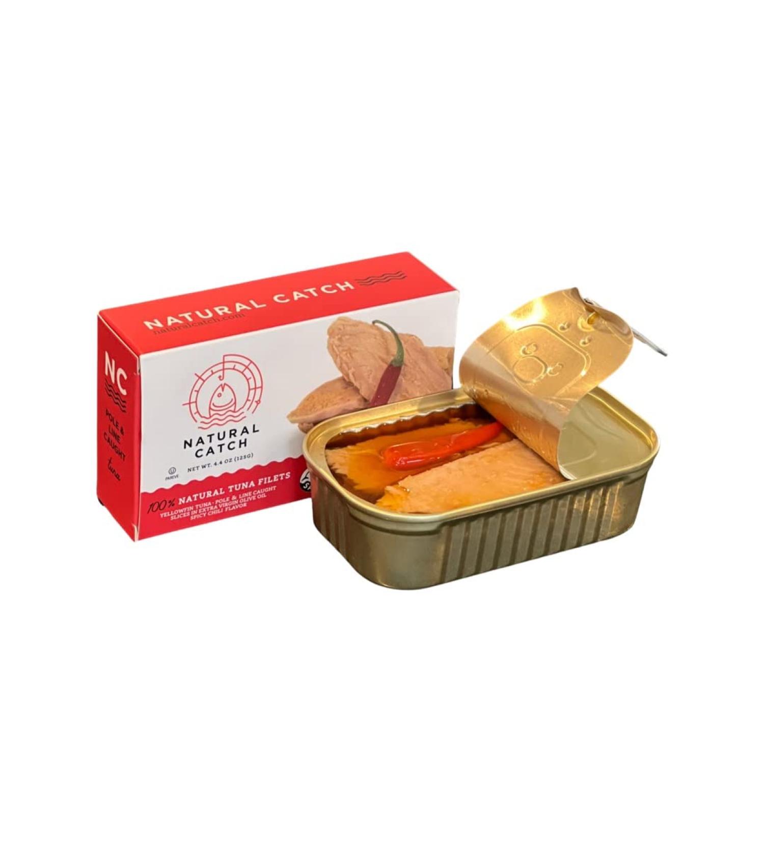 Natural Catch Tuna Spicy Yellowfin Filets - High Quality Pole & Line Caught Tuna in Olive Oil and Spicy Chili's - 130 Calories - Gluten-Free, Paleo, Keto Friendly - 4.4 oz Can - Buy Online on SooperMarket.com