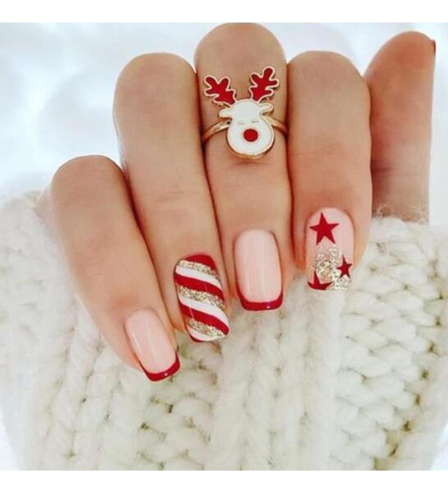 Vatocu Christmas False Nails - Short Red Press on Nails with Snowflakes, Elk, Snowman Design (24pcs) - Acrylic Stick on Nails for Women and Girls - Buy Online on SooperMarket.com