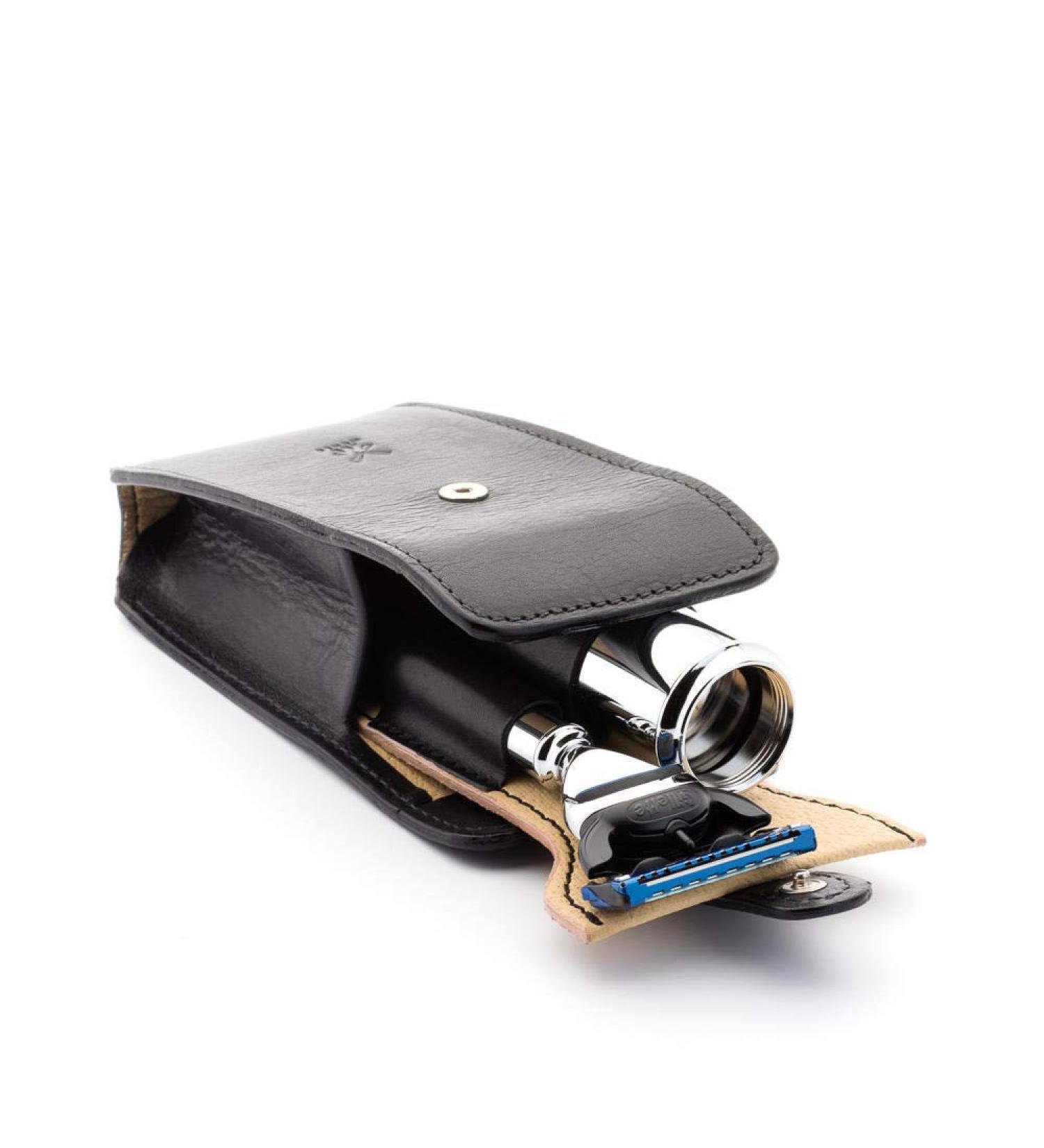 M hle Travel Set - Silvertip Fibre Brush & Gillette-Compatible Razor in Black Leather Case | Premium Shaving Accessories for International Shipping - Buy Online on SooperMarket.com