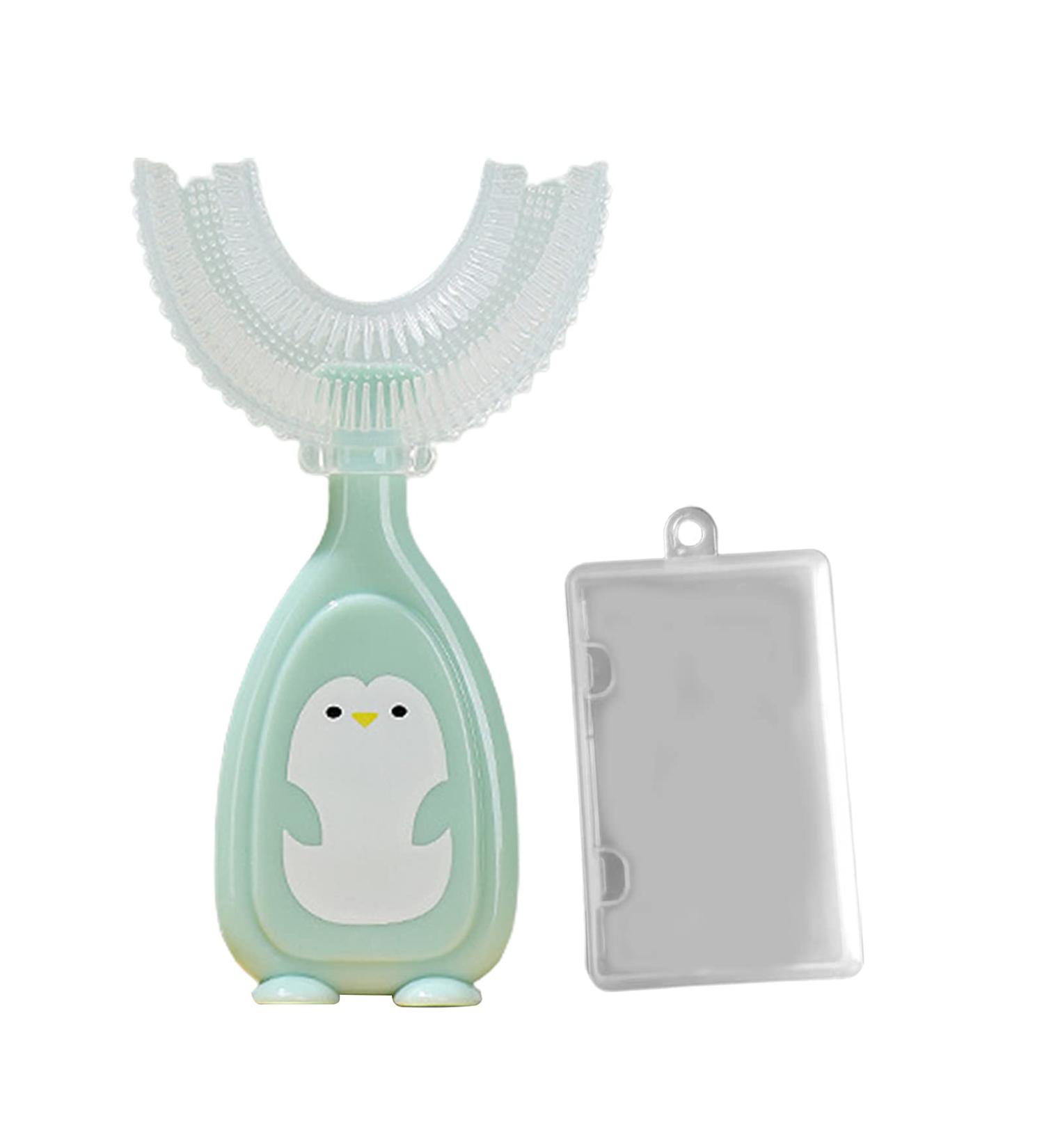 Kids U-Shaped Toothbrush with Storage Box - Cute Penguin Toothbrush Food Grade Soft Silicone Brush Head 360 Oral Teeth Cleaning Design for Toddlers and Children Green Small - Buy Online on SooperMarket.com