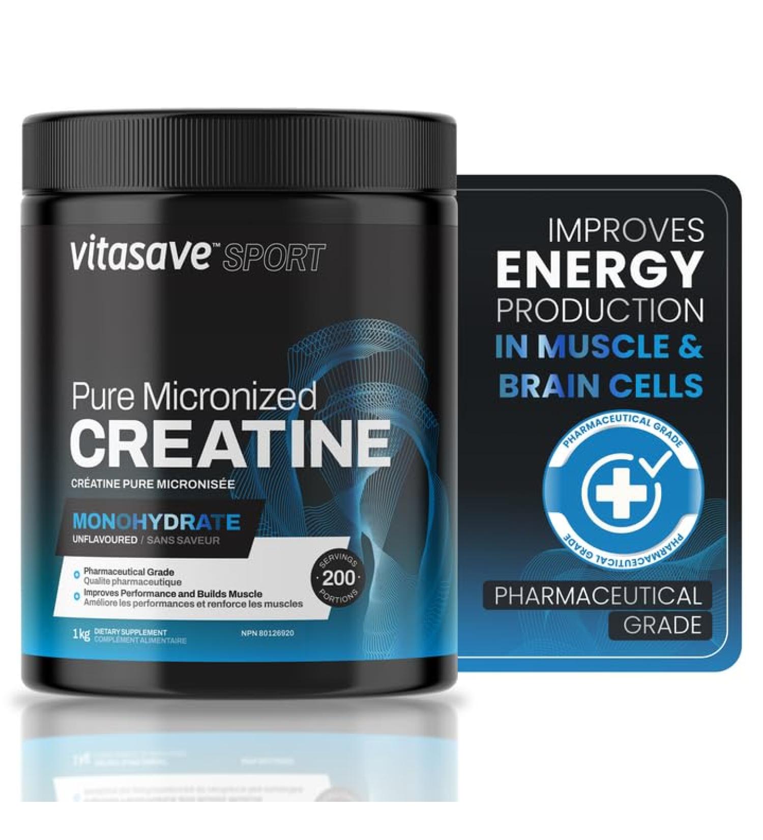 Vitasave Creatine Monohydrate Powder - Creatine Supplement For Performance & Muscle Gains - Pure & Ultra-Fine Powder for Enhanced Absorption - Fitness Essential for Athletes & Bodybuilders - Made in Canada (1000g) - Buy Online on SooperMarket.com