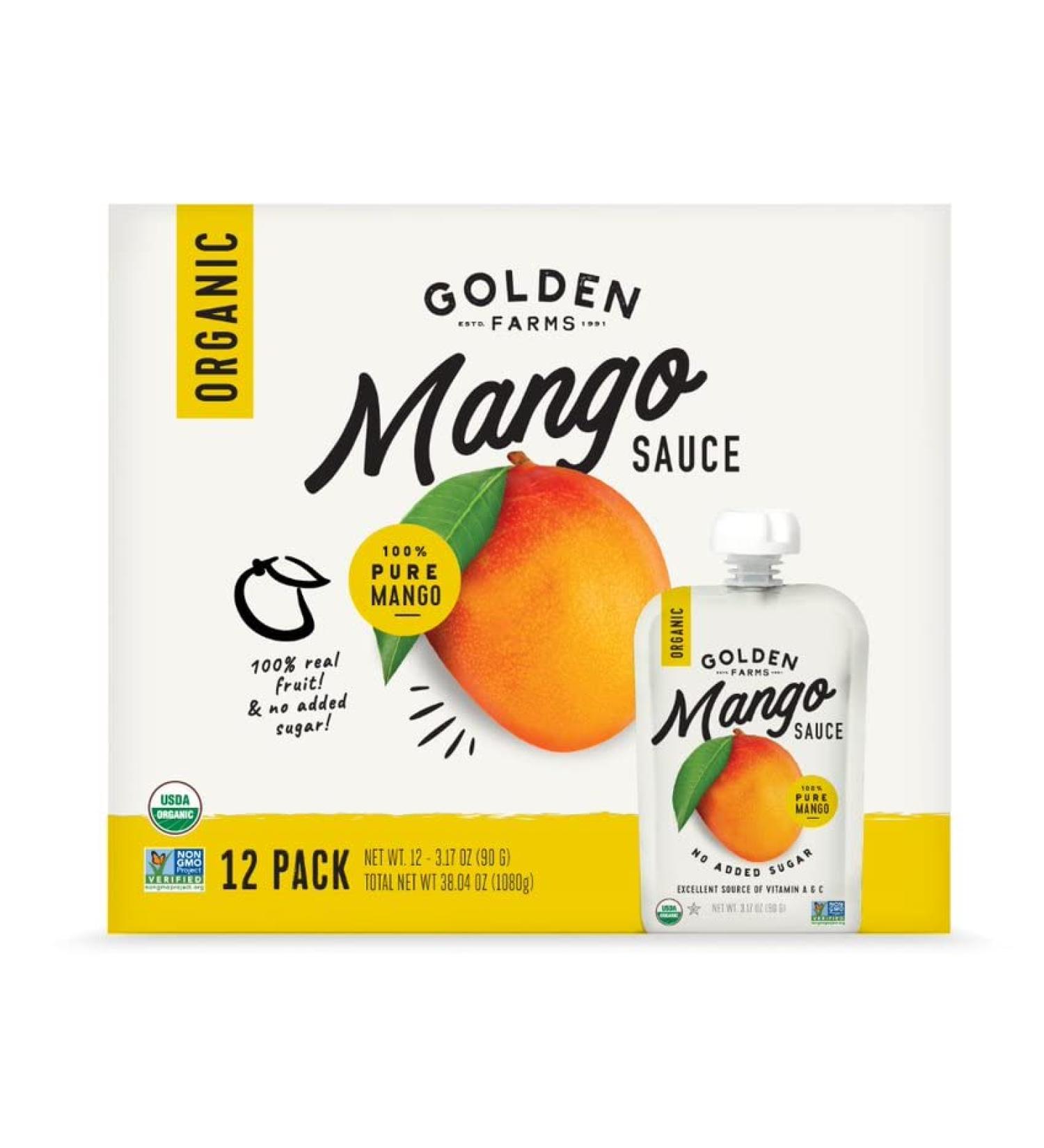 Golden Farms Mango Pouches - Pack of 12, 100% Pure Fruit, No Added Sugar, Vegan, Gluten-Free, Kosher, Organic Squeeze Pouch - 3.17oz Each - Buy Online on SooperMarket.com