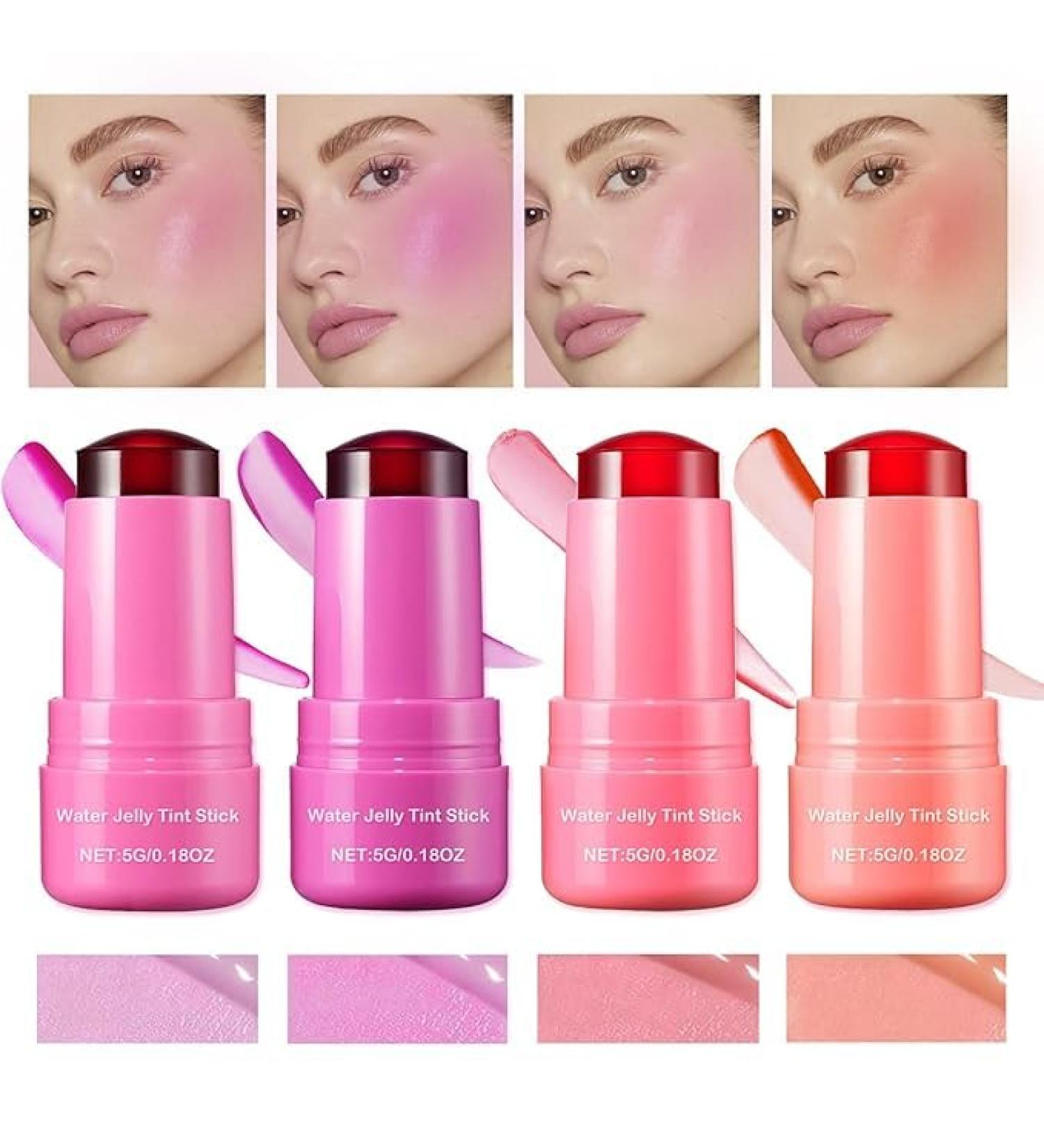 4 Colors Cooling Water Jelly Tint/Blush | Multi-Use Cheek & Lip Gloss | Long-Lasting Vivid Color - Chill (Poppy Pink Coral Berry Red - Buy Online on SooperMarket.com