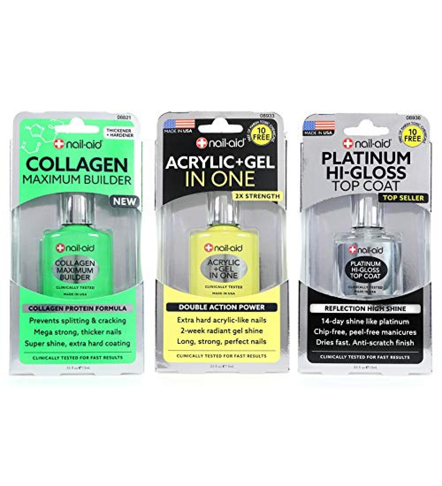 Nail-Aid 3pk Of Collagen Base + Acrylic Gel In 1 + Platinum Top Coat, Clear, N/A, 1.65 Fl Ounce