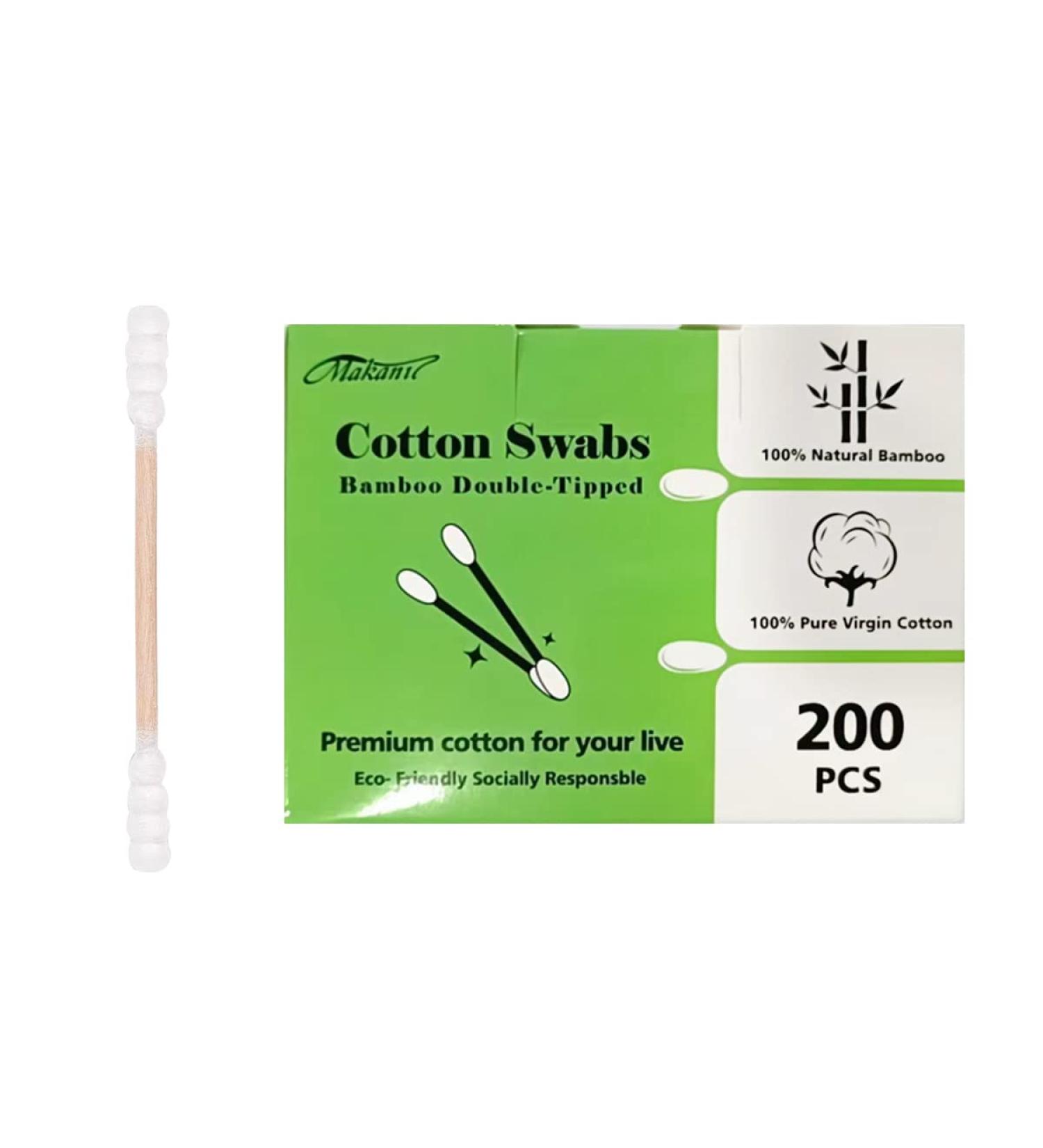 Organic Cotton Swabs with Wooden Sticks 200 Pcs Pack - Biodegradable Bamboo Spiral Head Qtips for Ears and Makeup - Buy Online on SooperMarket.com