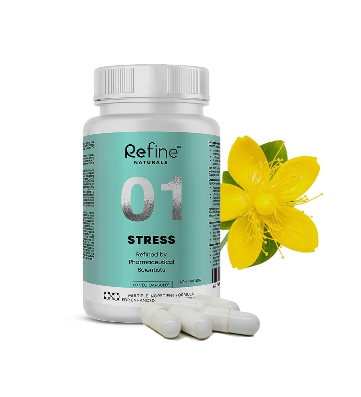 Refine Natural Stress Relief Supplement with L-Theanine and Herbals | Relaxation Support with Lemon Balm Extract St John's Wort | Calming Herbal Sleep for Adults Non-GMO 60 Vegetarian Capsules for Men and Women Made in Canada - Buy Online on SooperMarket.com