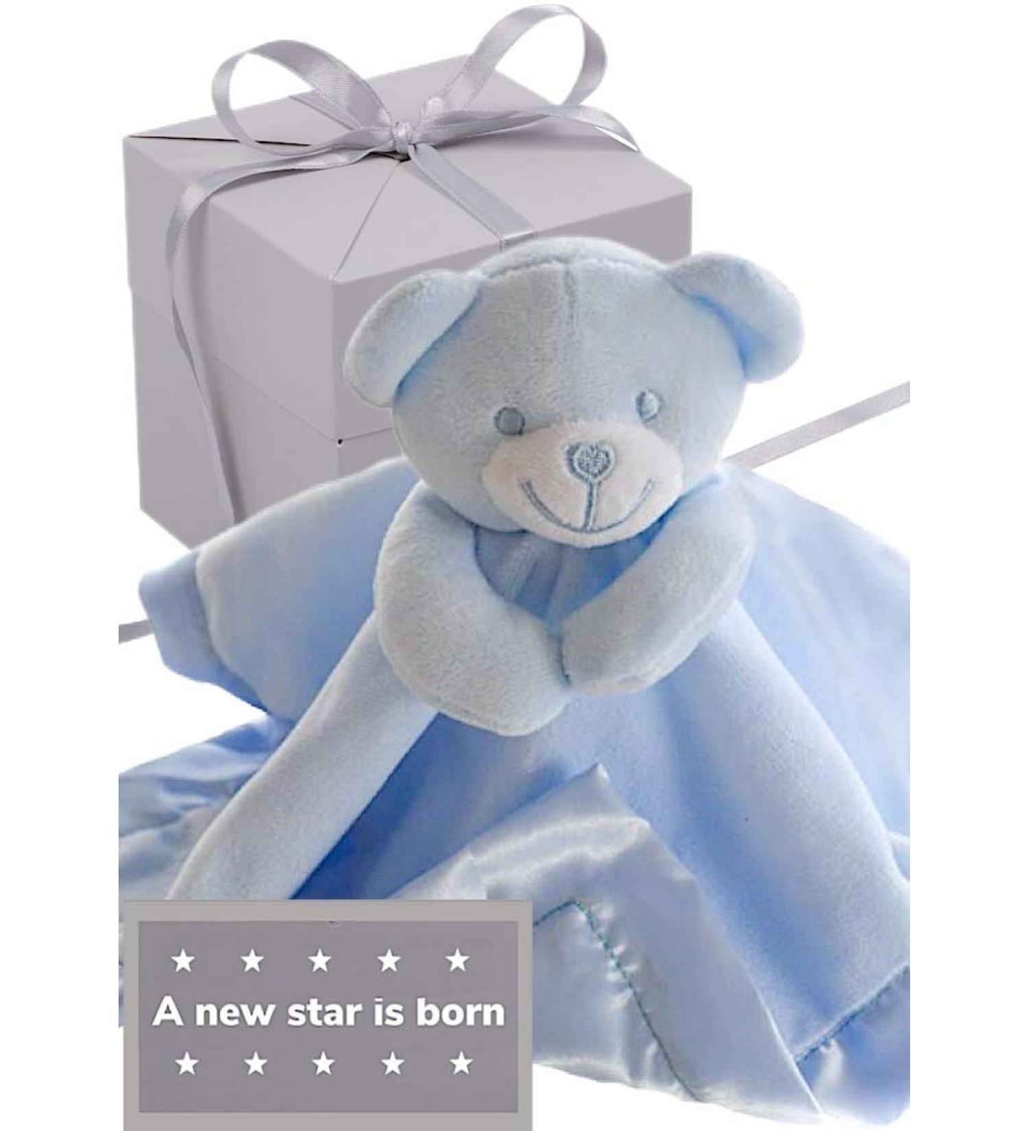 BUSHBABY 'A New Star is Born' Baby Comfort Blanket in Box | Blue Baby Gift Set for Boys | Plush Teddy Security Blanket for Newborns | Soft Toy for Babies - 10cm - Buy Online on SooperMarket.com