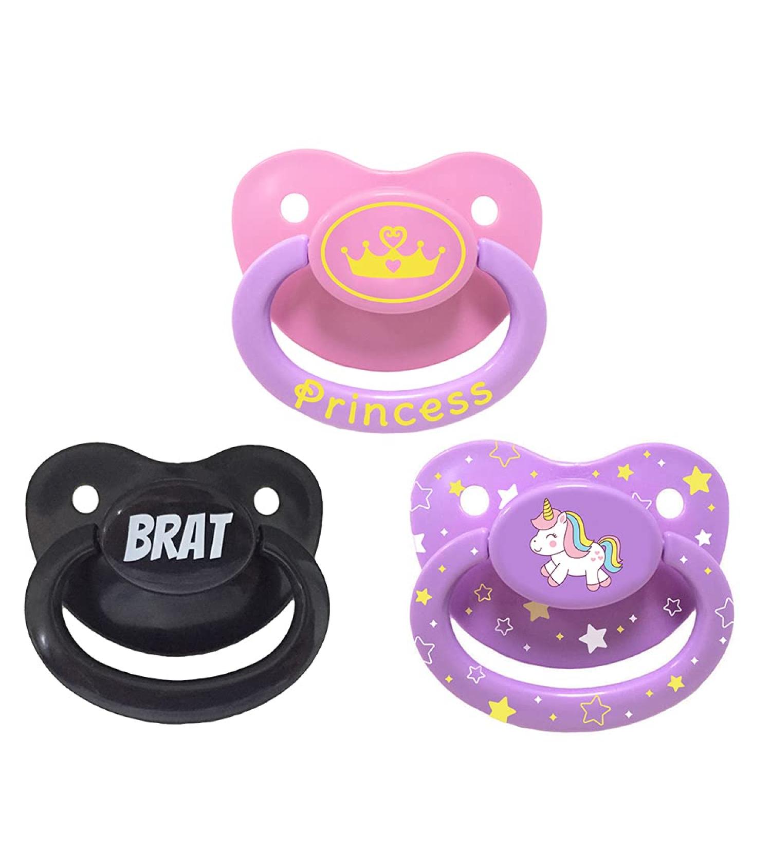 Littletude Adult Sized Pacifier Variety 3 Pack Dummy for Adult Babies Large Handle Large Shield Brat Unicorn Princess.