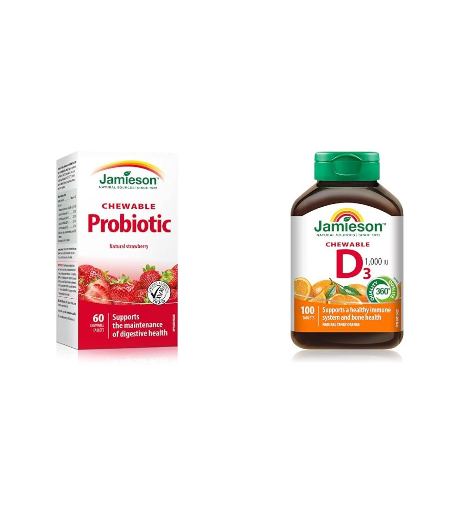 Jamieson Chewable Probiotic 2 Billion Active Cells - Natural Strawberry Flavour & Chewable Vitamin D3 1 000 IU - Natural Tangy Orange 100 Count (Pack of 1) - Buy Online on SooperMarket.com