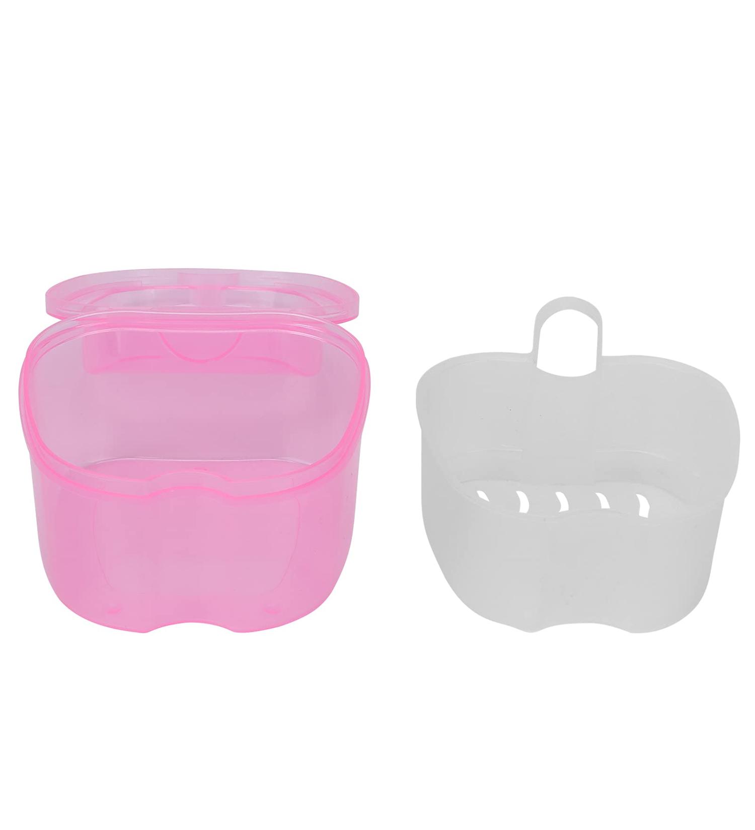 Denture Container with Sieve - Pink Retainer Cleaner & Soaking Cup for Braces | Durable Denture Bath for Cleaning & Storage - Buy Online on SooperMarket.com