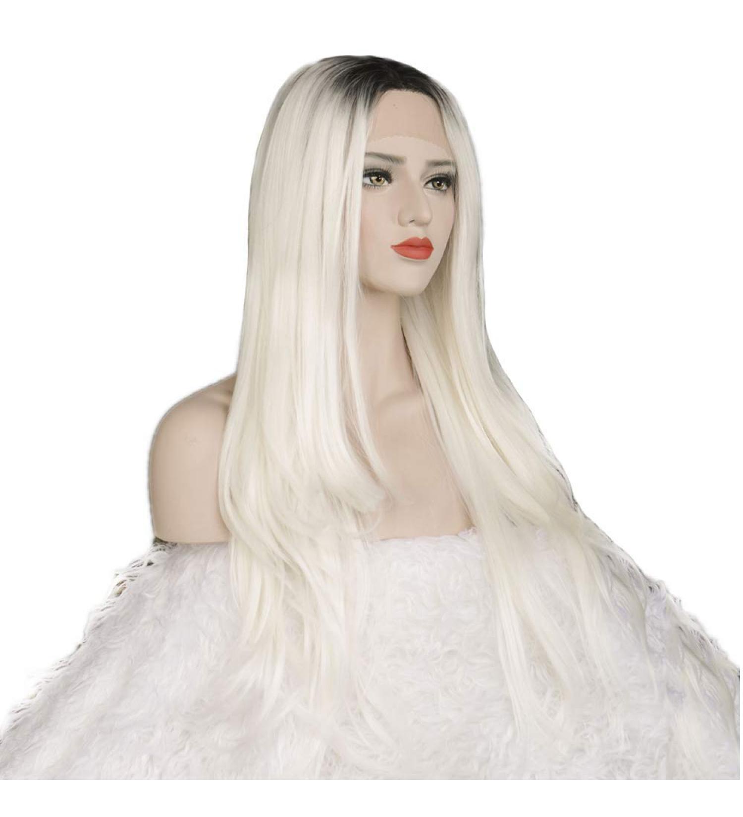 SHIYID Women s White Long Synthetic Lace Front Wig - Natural Straight Wig with Dark Roots & Middle Parting - Buy Online on SooperMarket.com