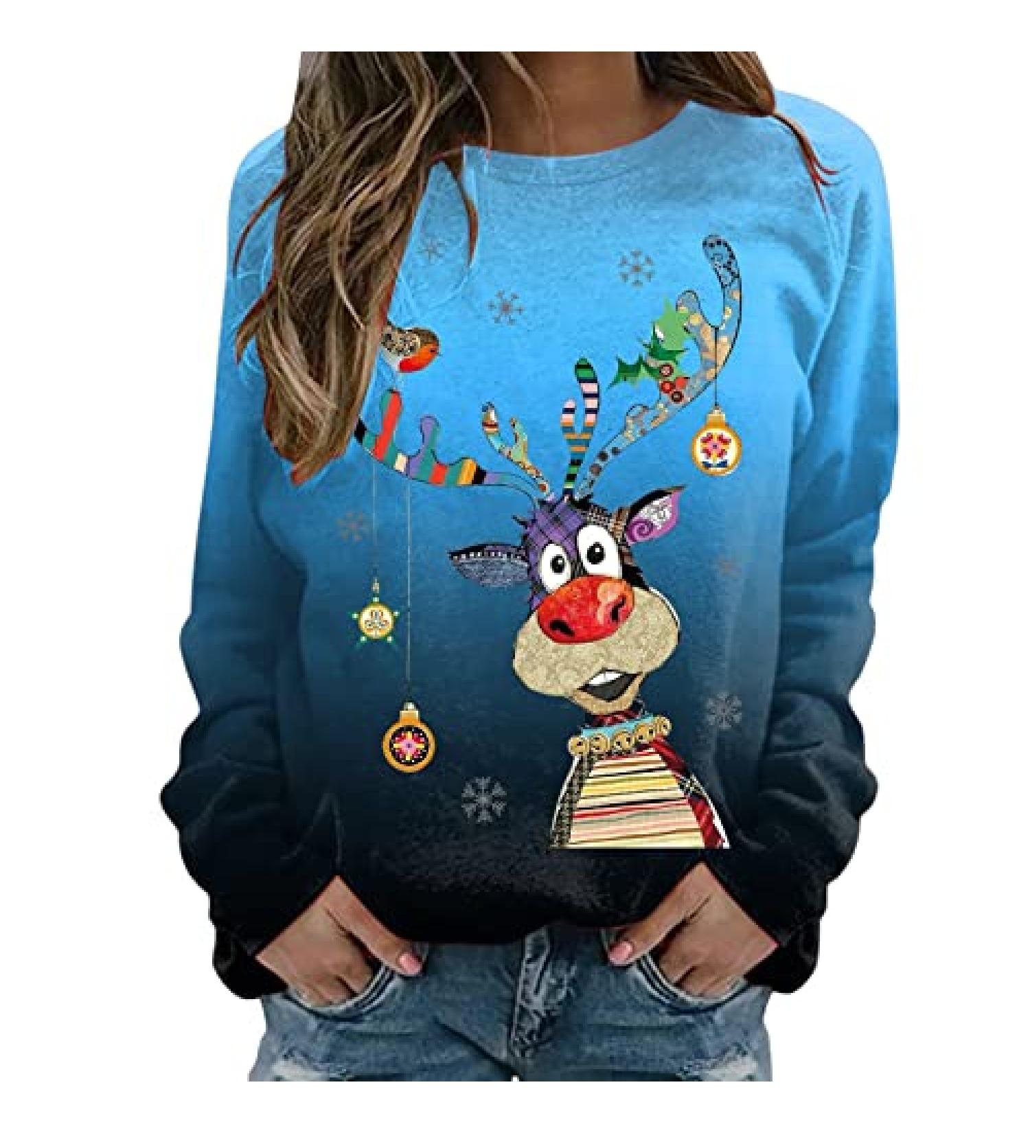 Happy New Year 2023 Elk Print Christmas Sweatshirt for Women - Crew Neck Long Sleeve Top (Dark Blue, Medium) - Buy Online on SooperMarket.com