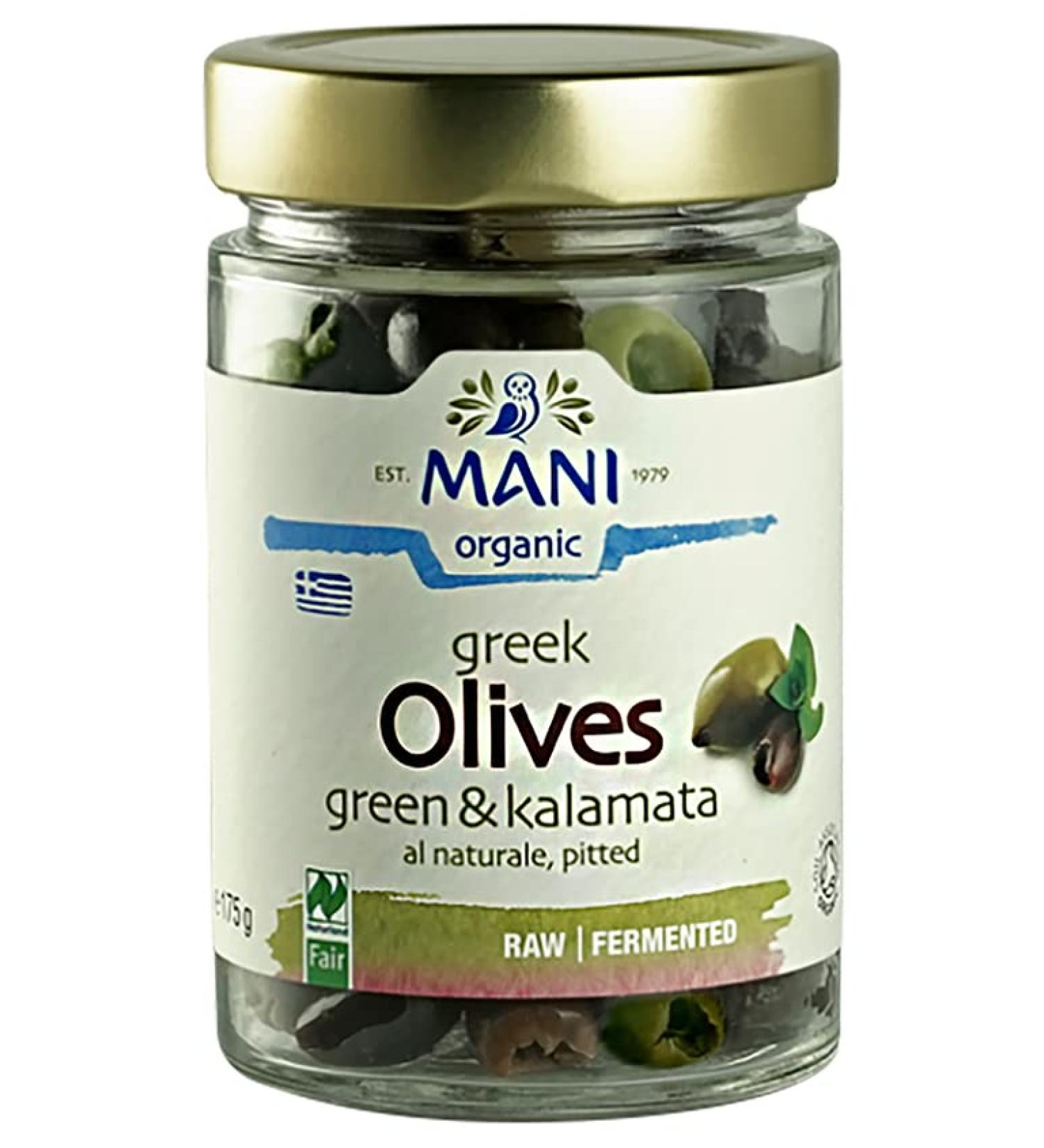 Mani Organic Pitted Kalamata & Green Olives Al Naturale 175 g - Buy Online on SooperMarket.com