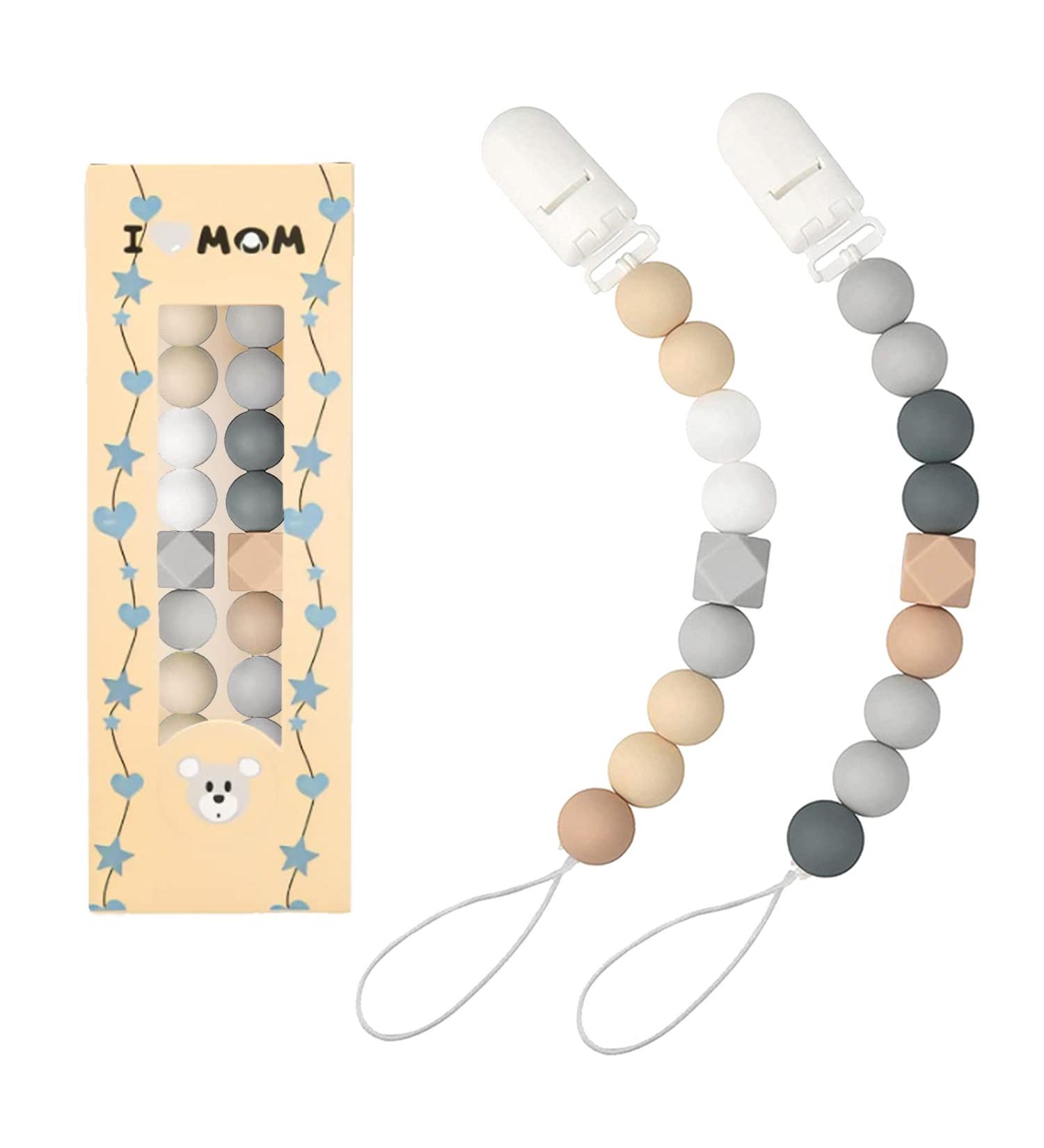 Silicone Pacifier Holder 2 Pack - Durable Pacifier Clip for Baby Boys Girls - Beige+Grey Silicone Pacifier Chain - Buy Online on SooperMarket.com