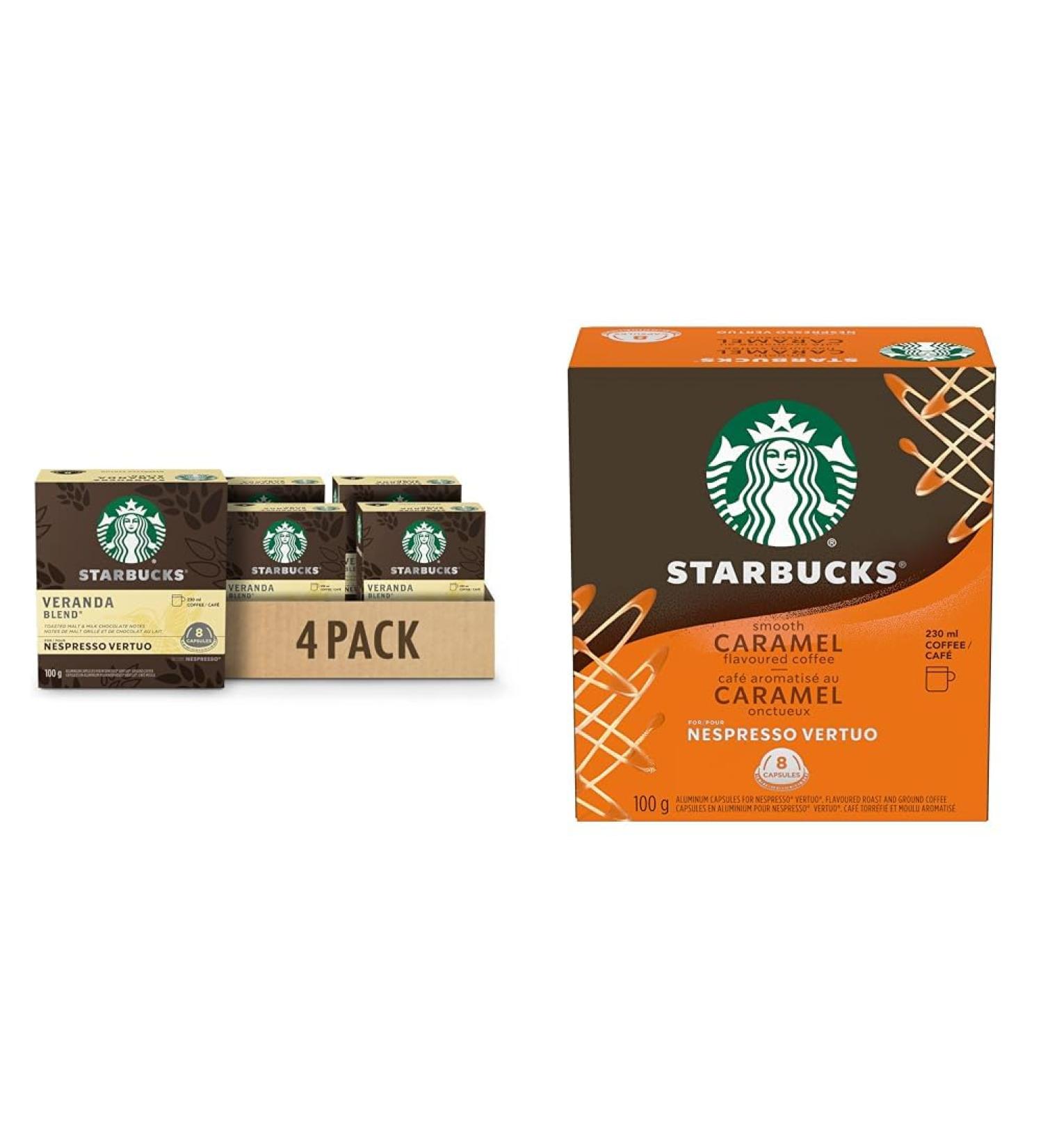STARBUCKS Veranda Blend for Nespresso Vertuo Blonde Roast Coffee Pods 8 K-Cup Capsules Pack of 4 & Smooth Caramel For NESPRESSO VERTUO Flavoured Blonde Roast Notes of Buttery Caramel and Vanilla Coffee+Smooth Caramel Veranda 1 count (Pack of 4) - Buy Online on SooperMarket.com