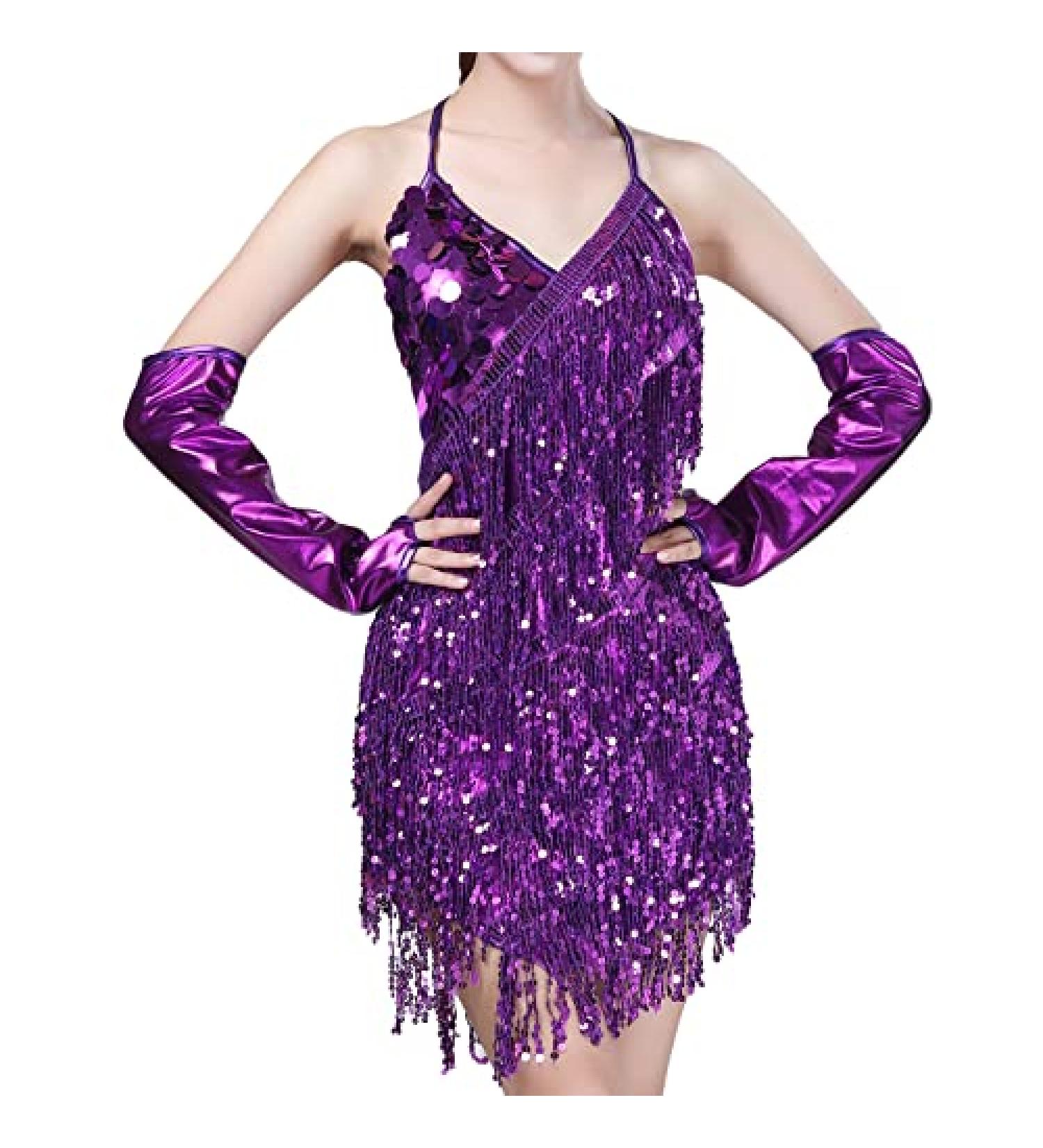 AFAVOM Sequins Tassel Latin Dance Dress for Women - Purple 1920s Flapper Cocktail Party Costume - Buy Online on SooperMarket.com