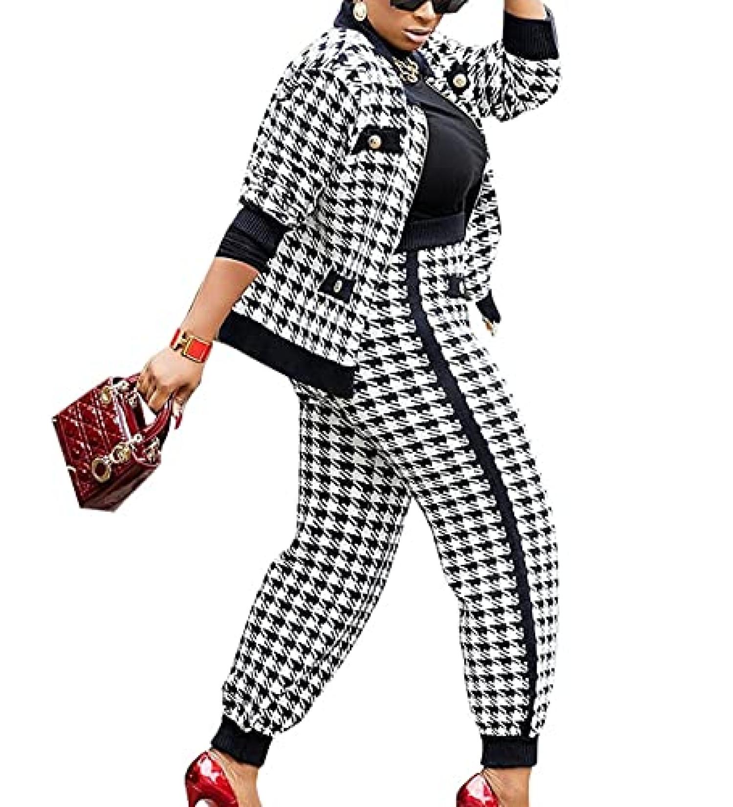 SOMTHRON Women's Houndstooth Print 2 Piece Outfit Set - Zip Up Jacket & Long Pants - X-Large Black - Buy Online on SooperMarket.com