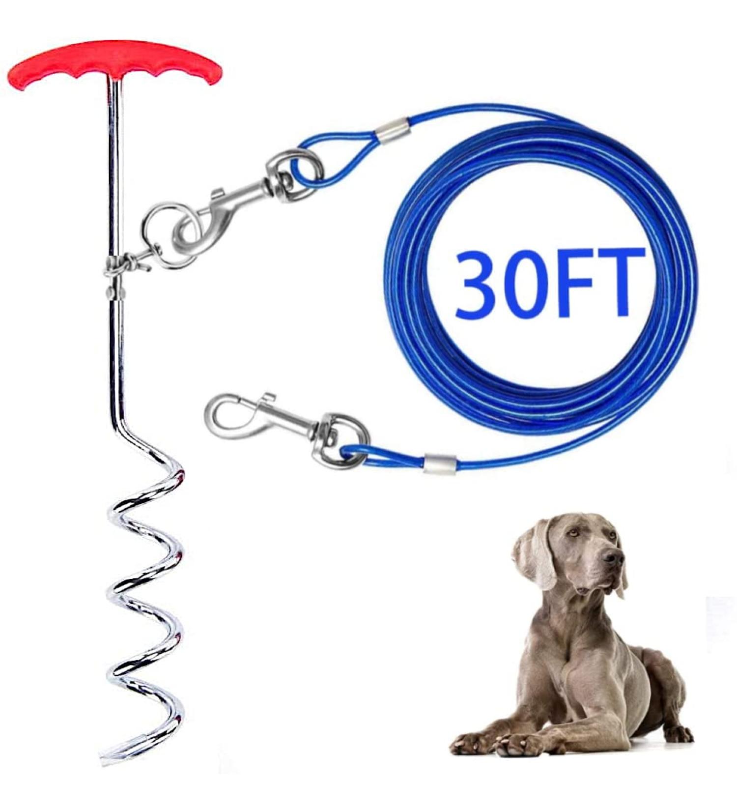 Dog Tie Out Cable and Stake 30ft Outside Dog Leash & Chain for Camping and Yard 16'' Heavy Duty Anti Rust Spiral Stake for Medium-Large Dogs Up to 125 lbs (30FT Blue) - Buy Online on SooperMarket.com