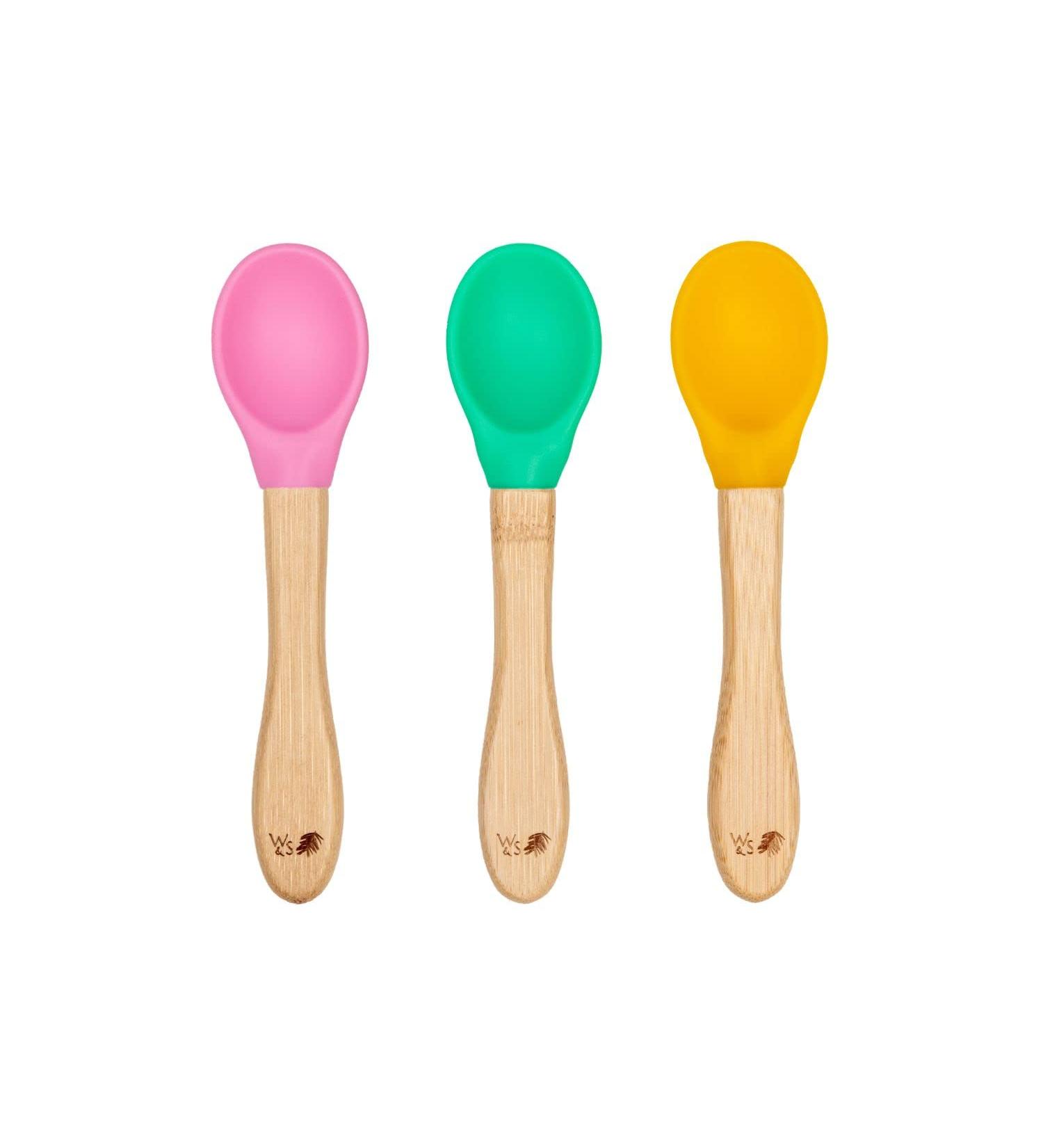 Wild & Stone Bamboo Baby Weaning Spoon Set - Silicone Soft Infant Spoons - Flexible Pink, Green & Yellow - BPA-Free - Buy Online on SooperMarket.com