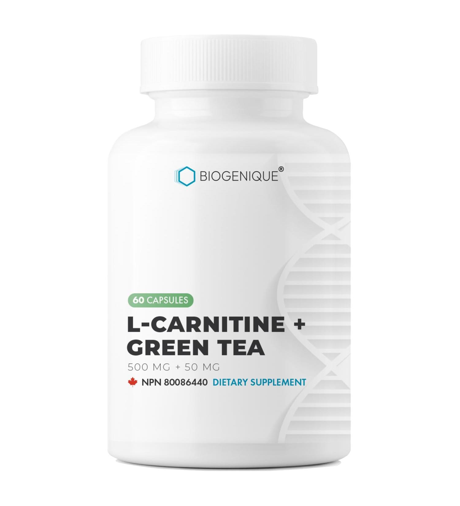 BIOGENIQUE L-Carnitine + Green tea Extract - 60 L-Carnitine 500 mg capsules - Amino Acid Weight management & Fitness Support - Nature made - Non-GMO - Buy Online on SooperMarket.com