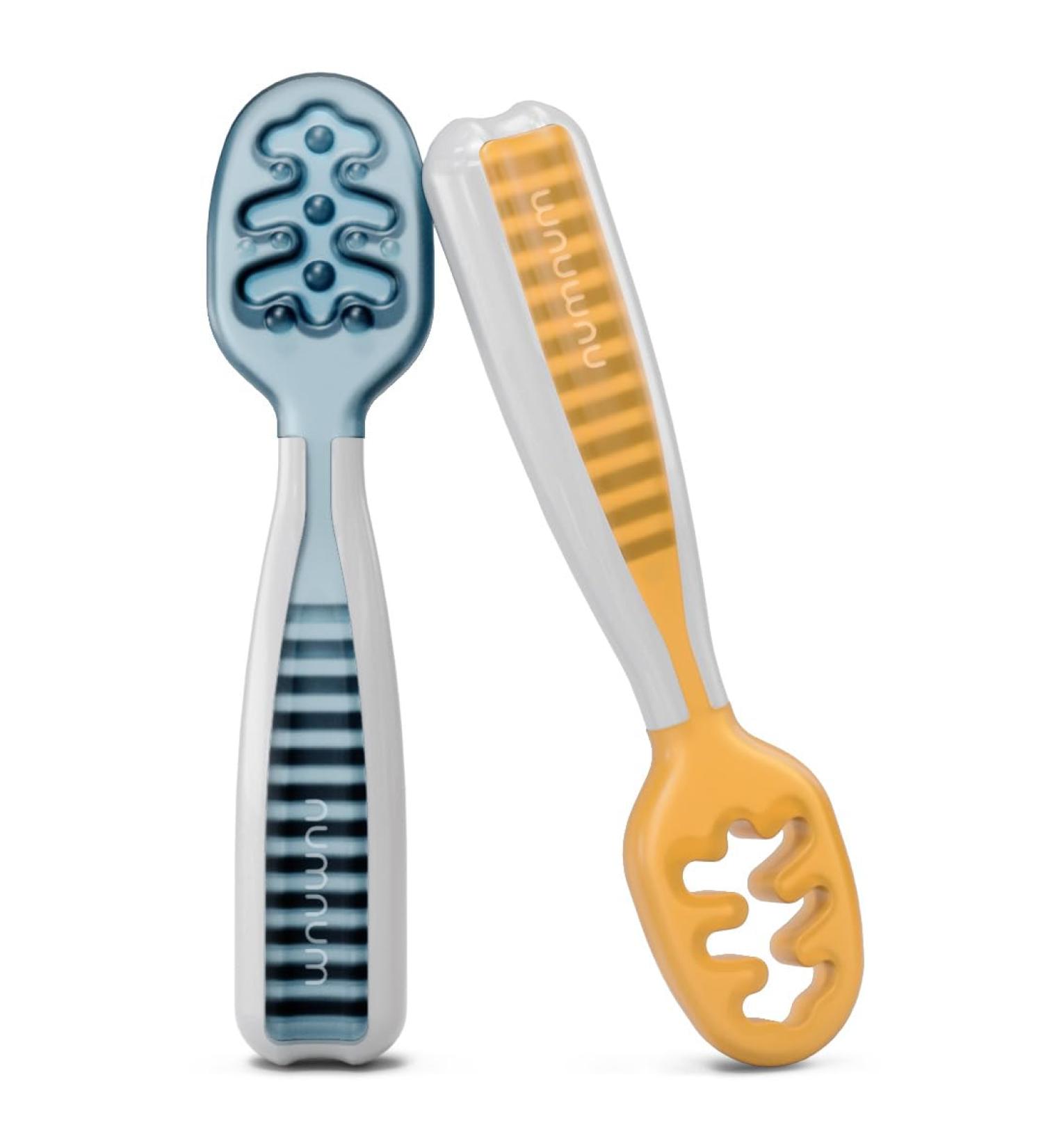 NumNum Baby Spoons Set - Pre-Spoon GOOtensils for Kids Aged 6+ Months - BLW Teething Spoon - Silicone Toddler Food Utensils - 2 Blue/Orange Spoons - Buy Online on SooperMarket.com