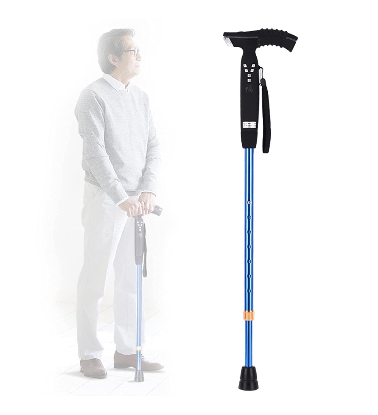Adjustable Walking Stick Blue Smart Anti Slip Quad Cane for Seniors with Radio for Elderly LED Guide Light - Buy Online on SooperMarket.com