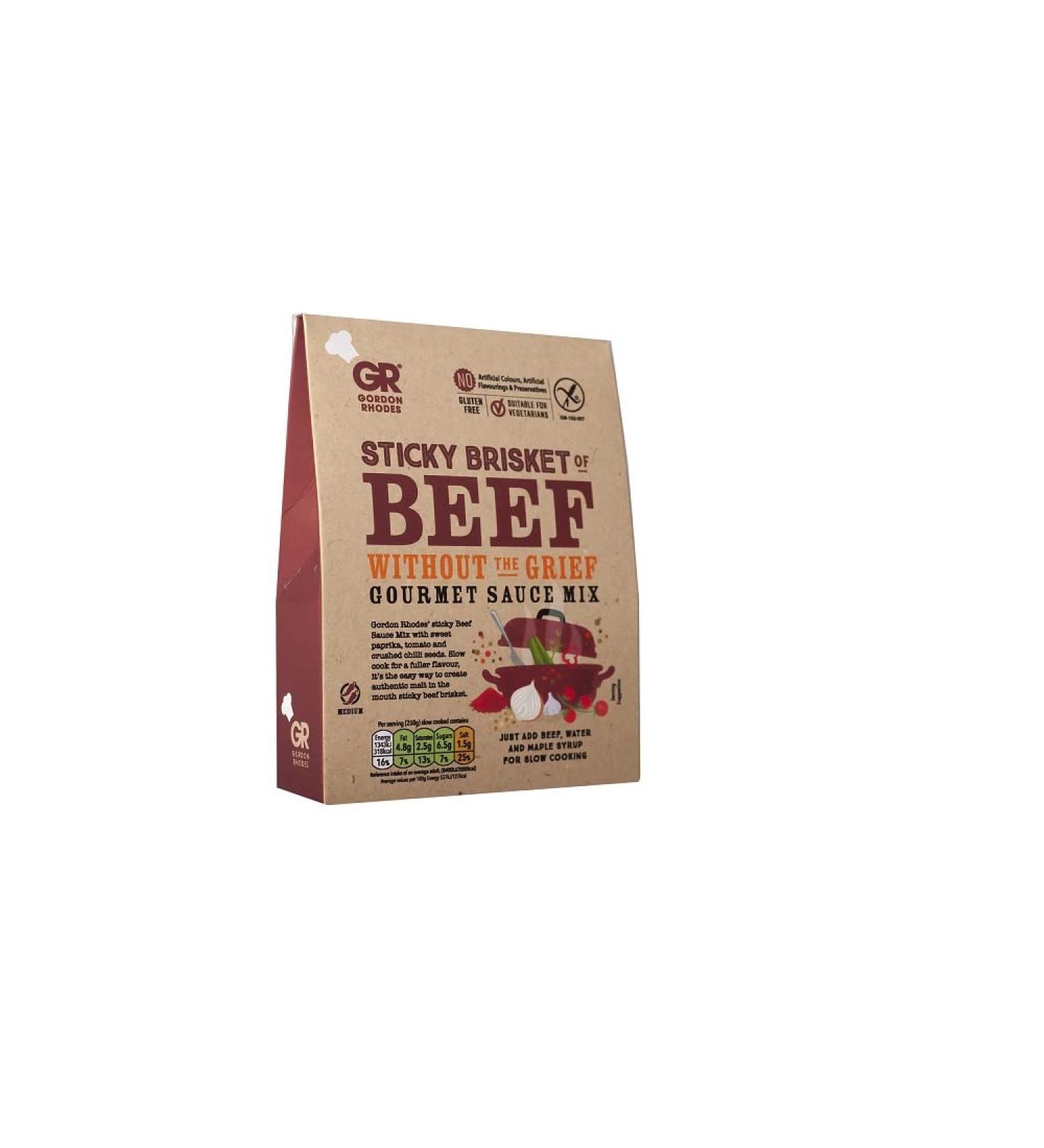 Gordon Rhodes' Sticky Brisket of Beef Without The Grief Sauce Mix - Sweet Paprika Tomato & Crushed Chilli Seeds - Easy to Prepare - Gluten-Free & Suitable for Vegetarians (1 x 75gm) Slow Roasting Sticky Beef Sauce Mix - Buy Online on SooperMarket.com